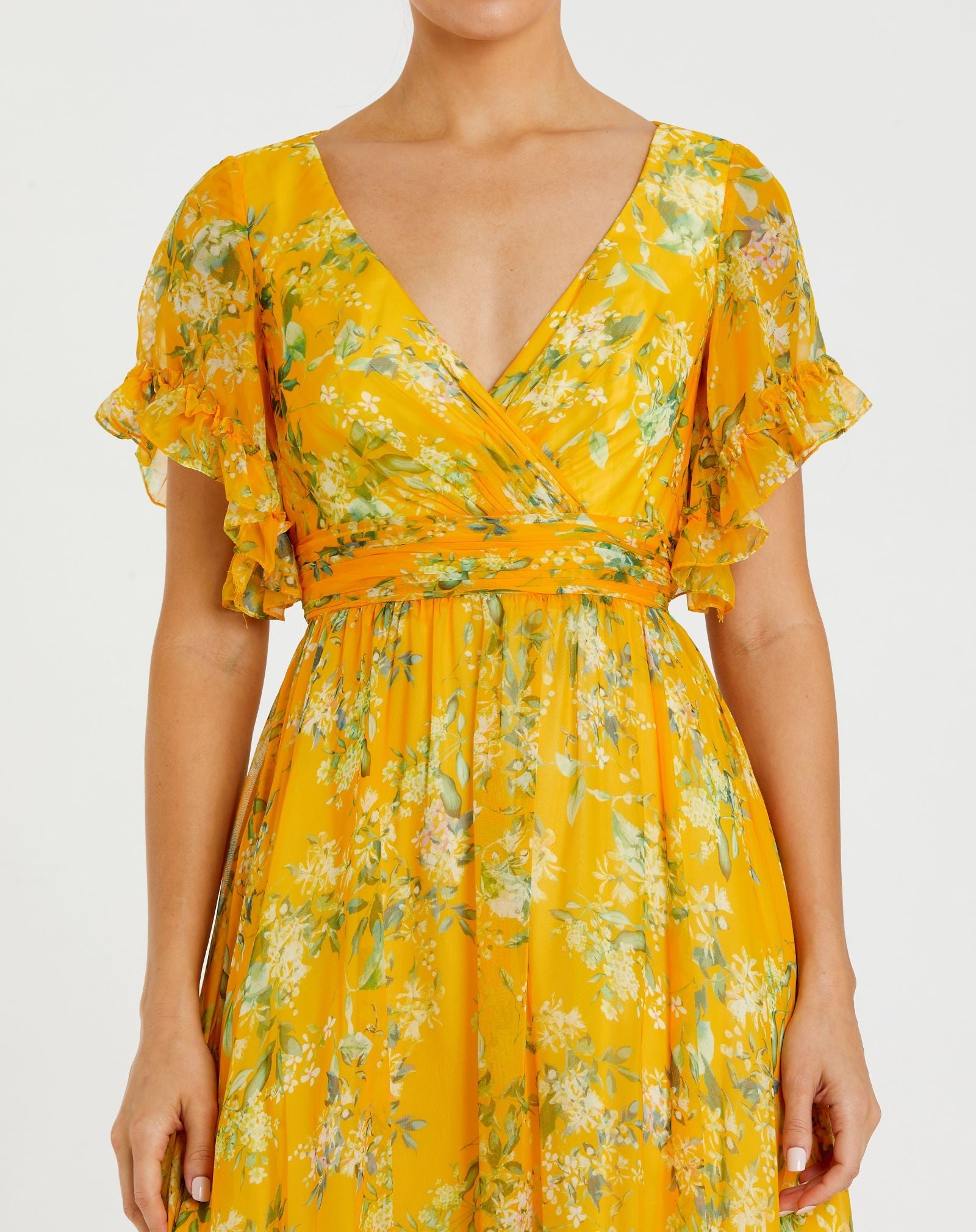 Yellow Multicolor Flounce Sleeve Floral Maxi Dress - Mac Duggal Yellow Multicolor Flounce Sleeve Floral Maxi Dress - Mac Duggal