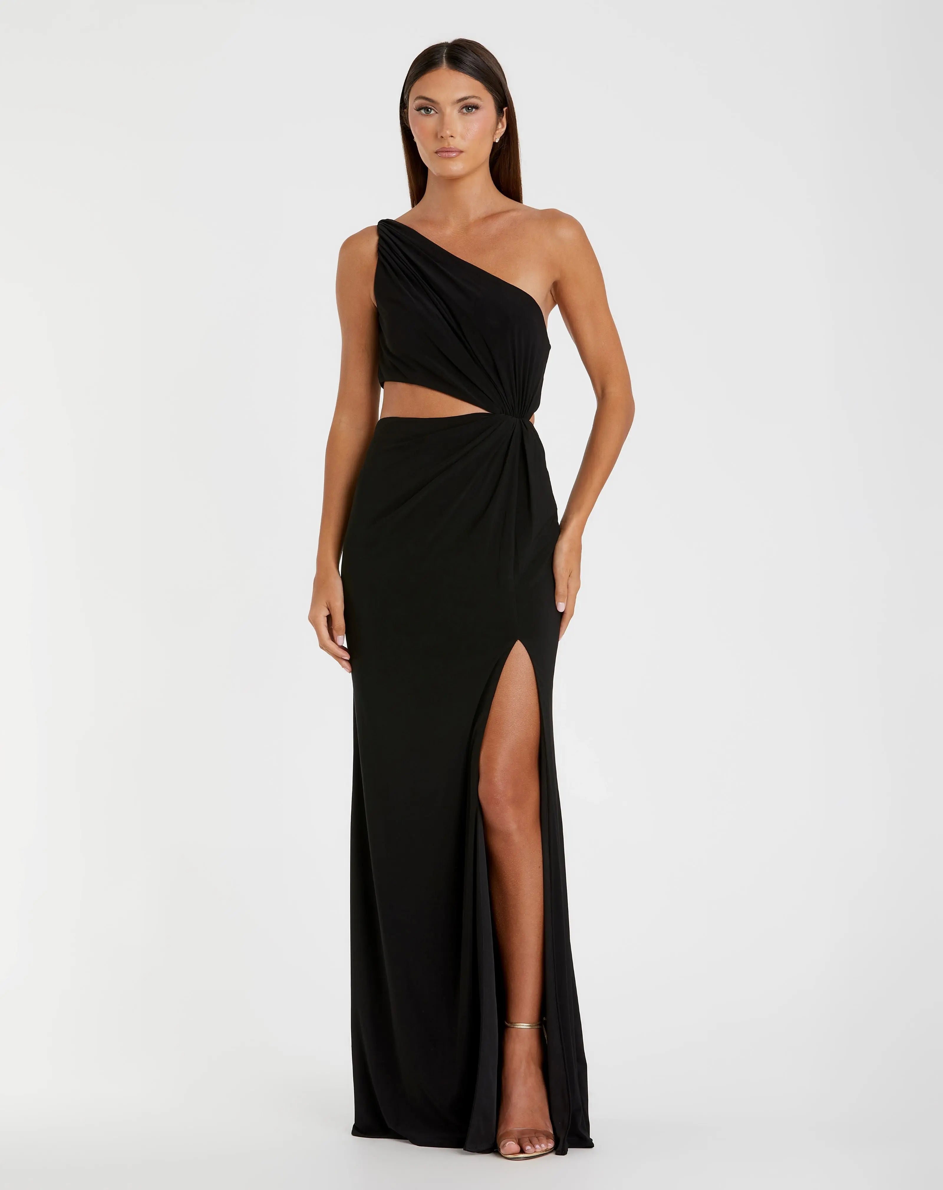Black One Shoulder Ruched Cut Out Jersey Gown - FINAL SALE - Ieena for Mac Duggal