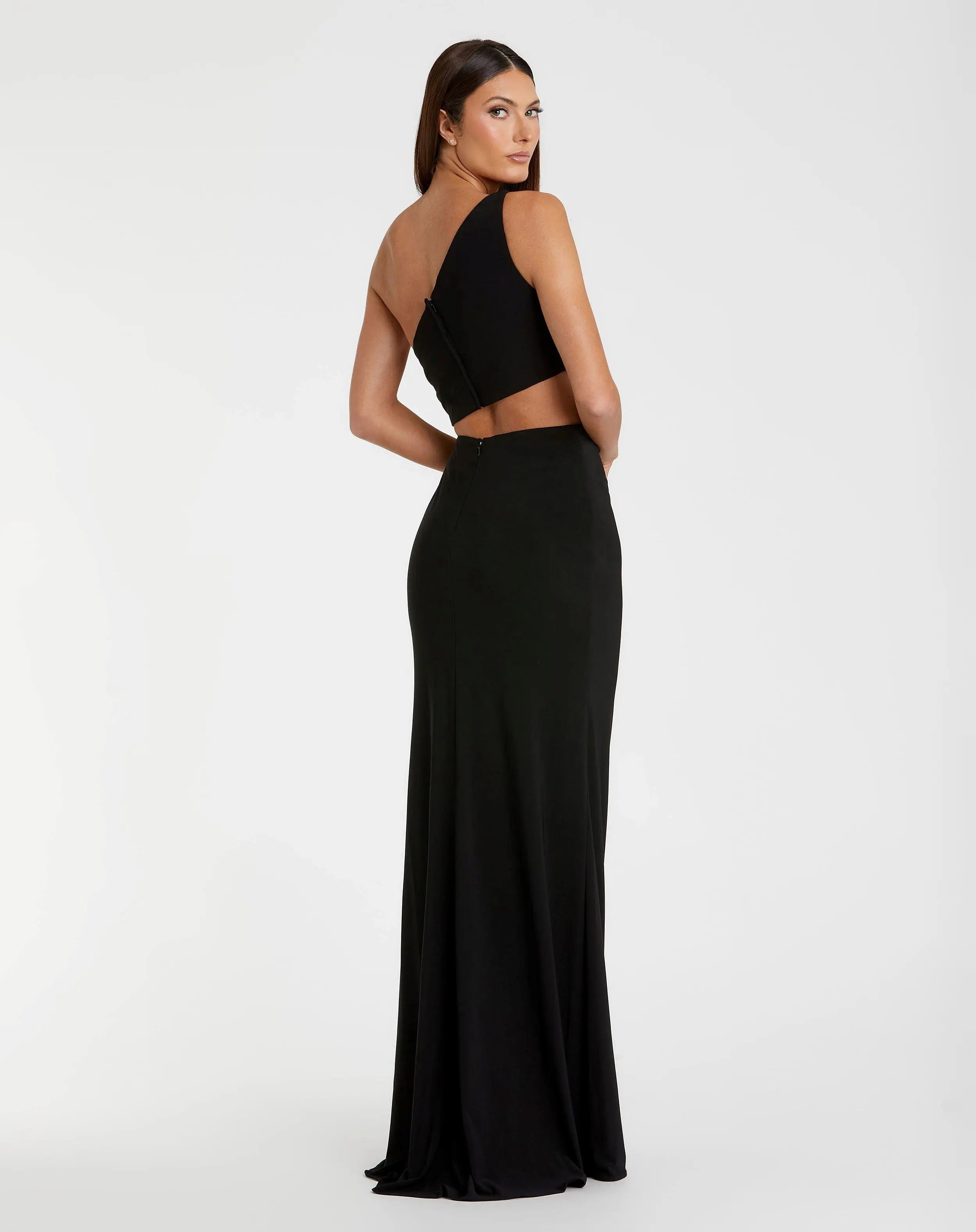 Black One Shoulder Ruched Cut Out Jersey Gown - FINAL SALE - Ieena for Mac Duggal