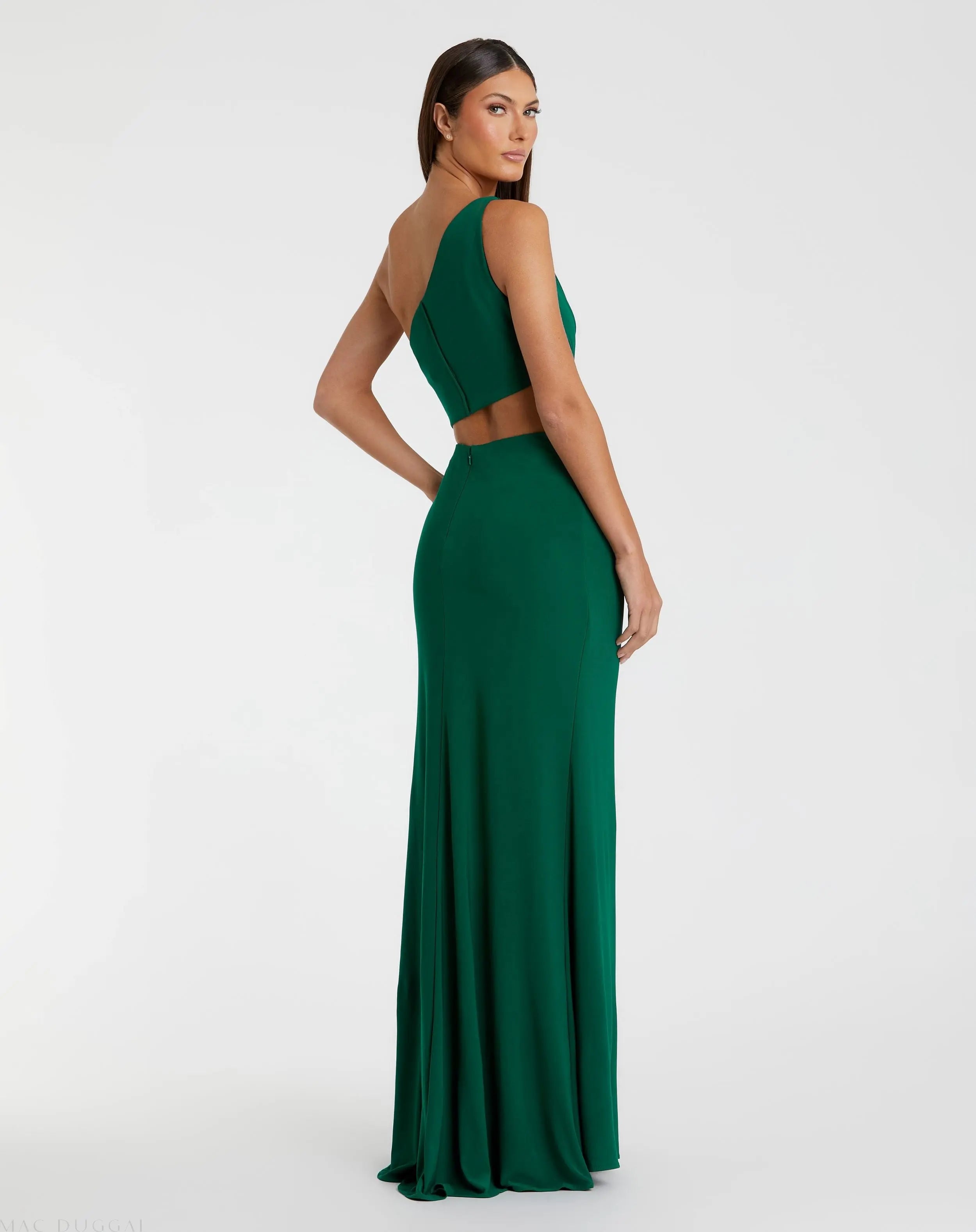 Green One Shoulder Ruched Cut Out Jersey Gown - Ieena for Mac Duggal