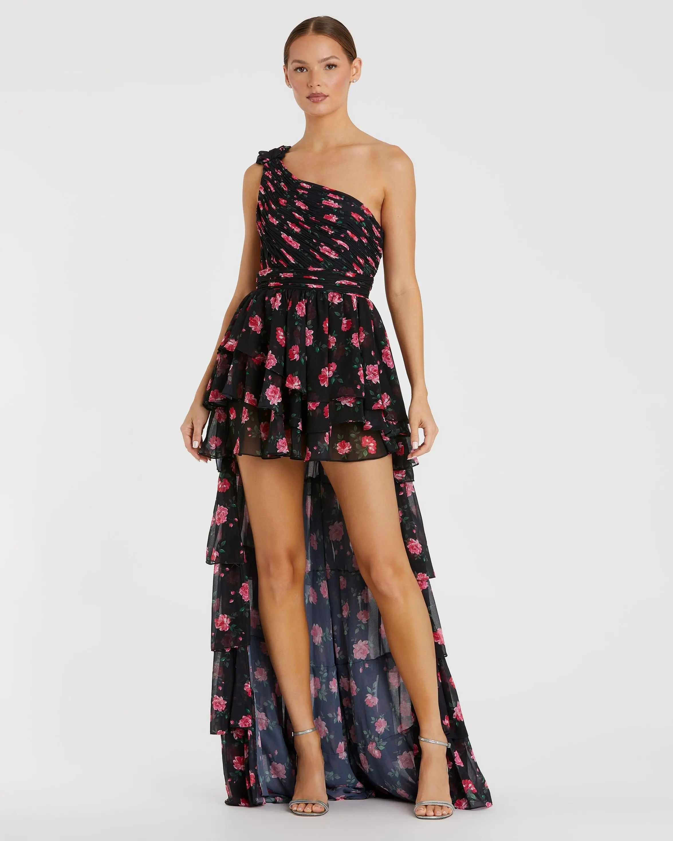 Black One Shoulder Ruffled Rose Print Layered High-Low Dress - Ieena for Mac Duggal