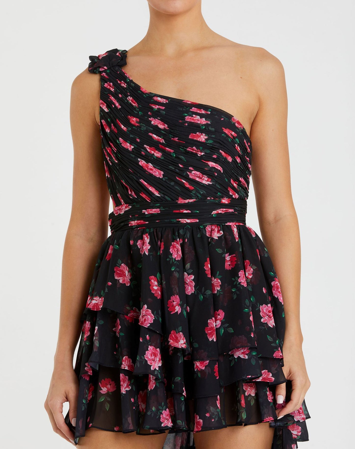 One Shoulder Ruffled Rose Print Layered High-Low Dress - FINAL SALE