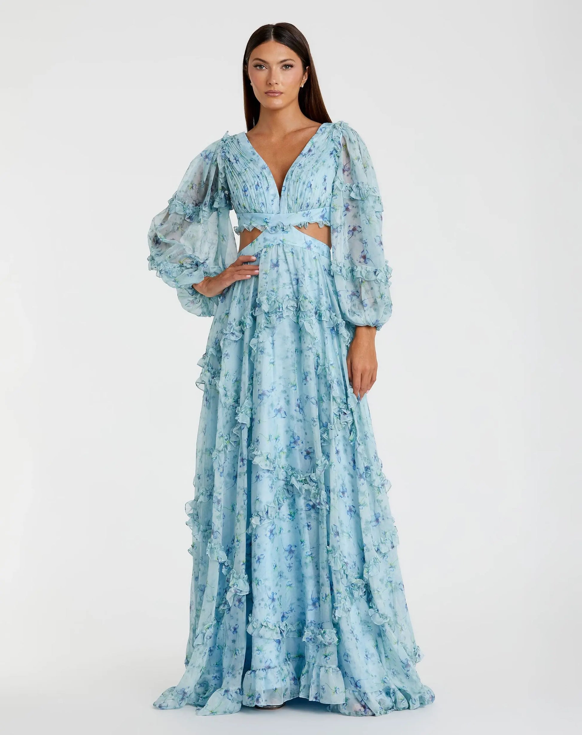 Ruffle Tiered Floral Cutout Long Sleeve Gown - FINAL SALE
