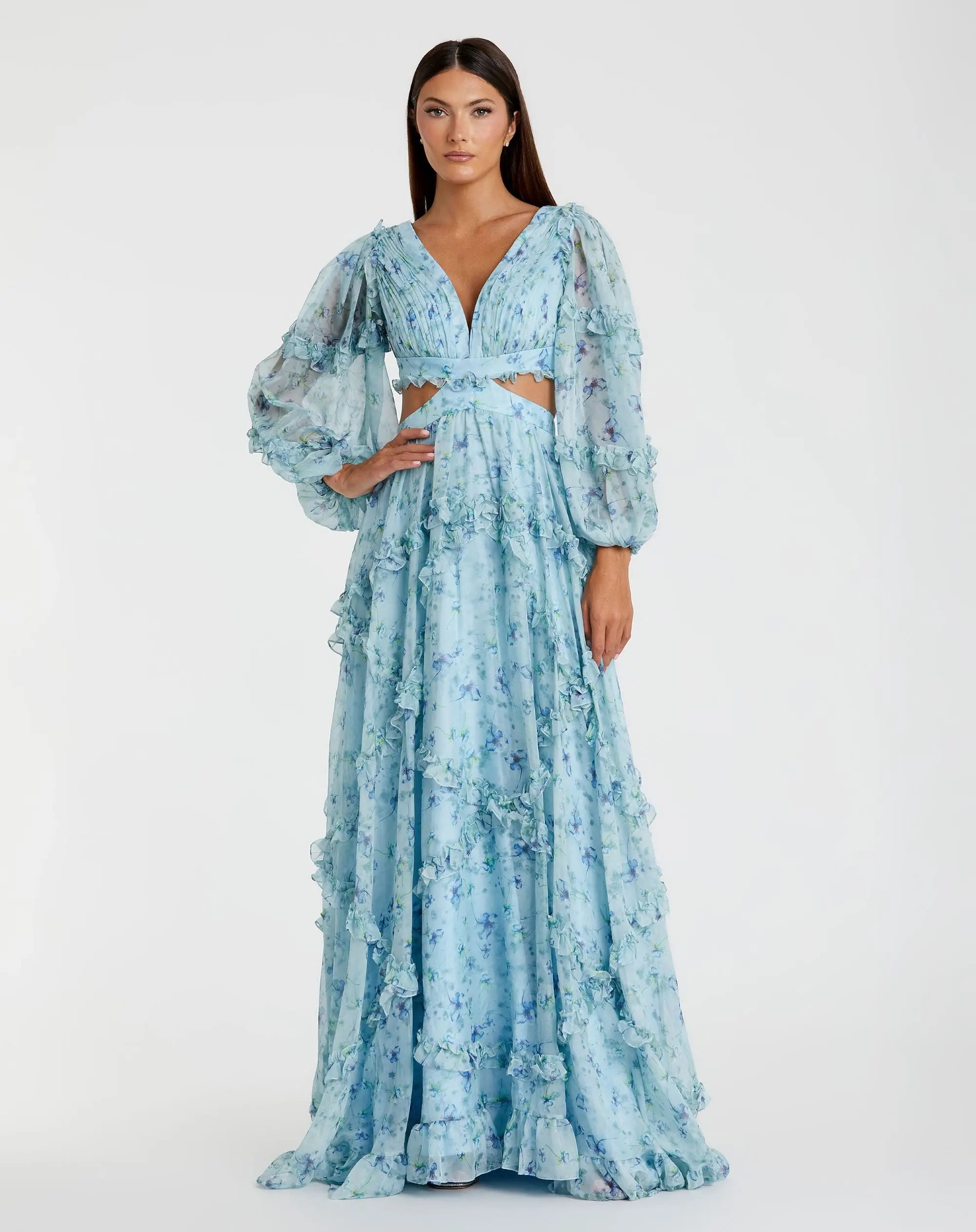 Blue Ruffle Tiered Floral Cutout Long Sleeve Gown - Ieena for Mac Duggal