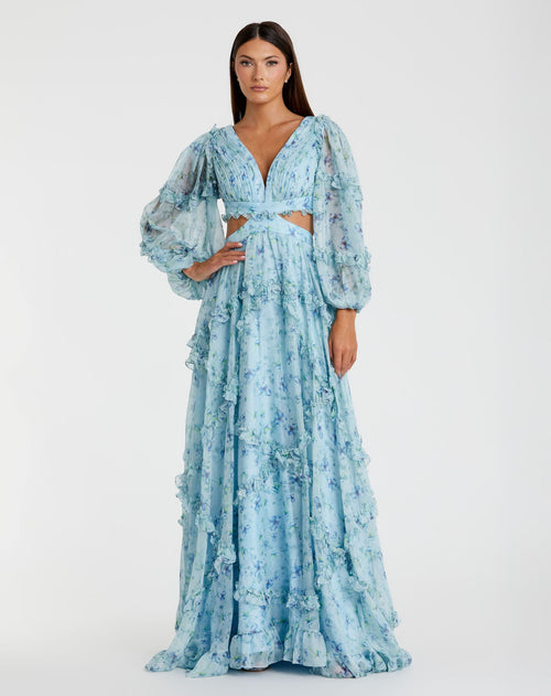 Ruffle Tiered Floral Cutout Long Sleeve Gown