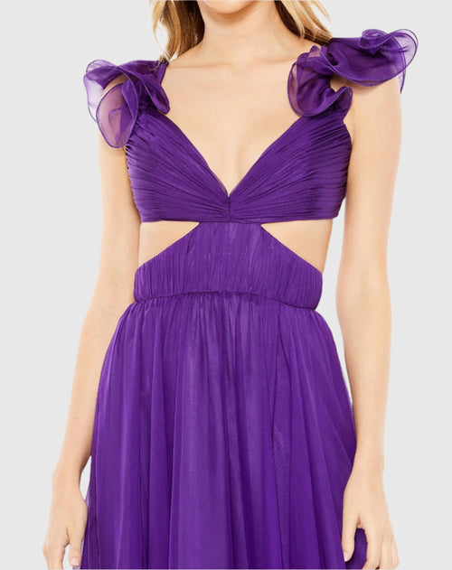 Purple Ruched Ruffled Shoulder Cut Out Lace Up Gown - FINAL SALE