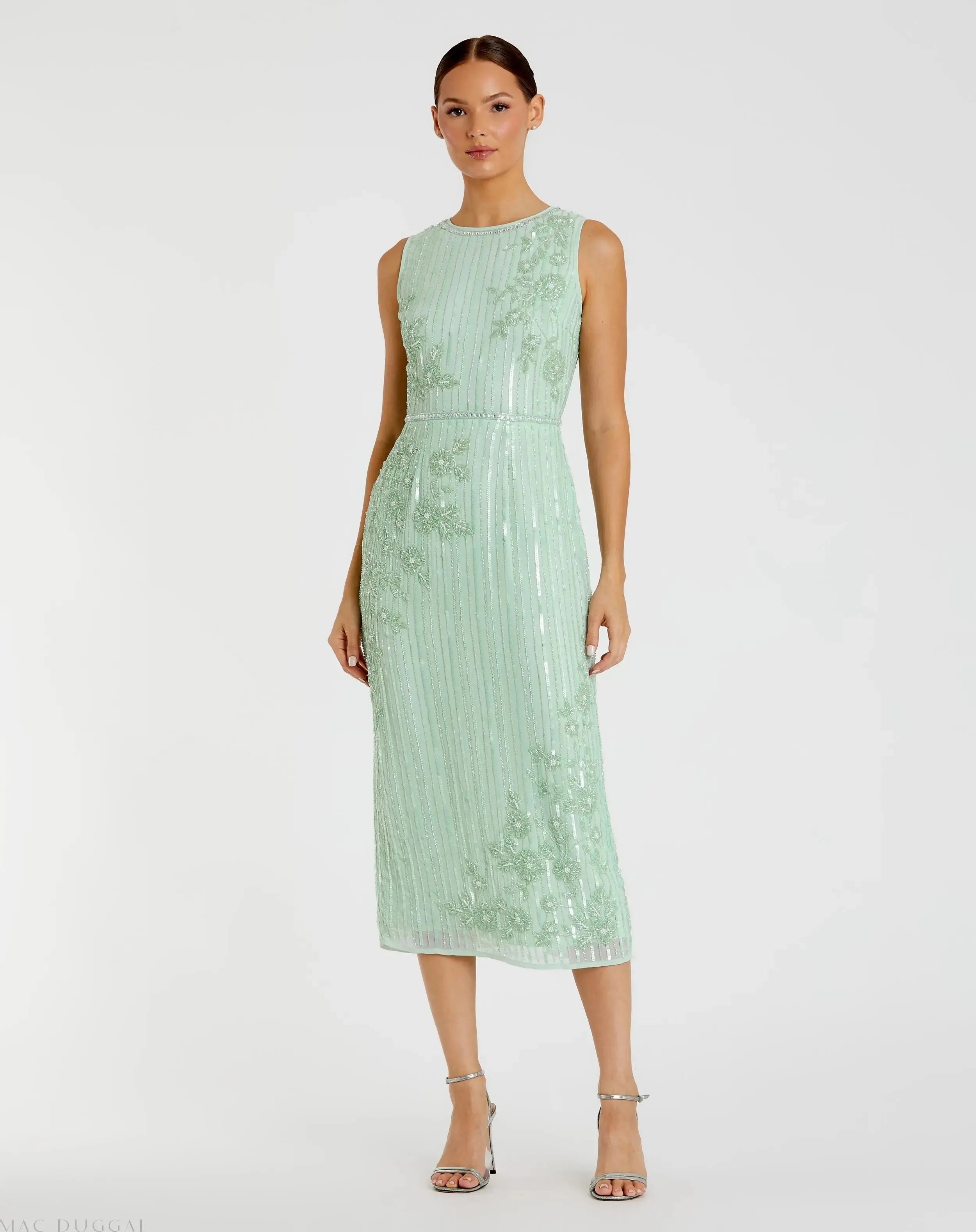 Green Striped Floral Embellished Sleeveless Midi Dress - Mac Duggal
