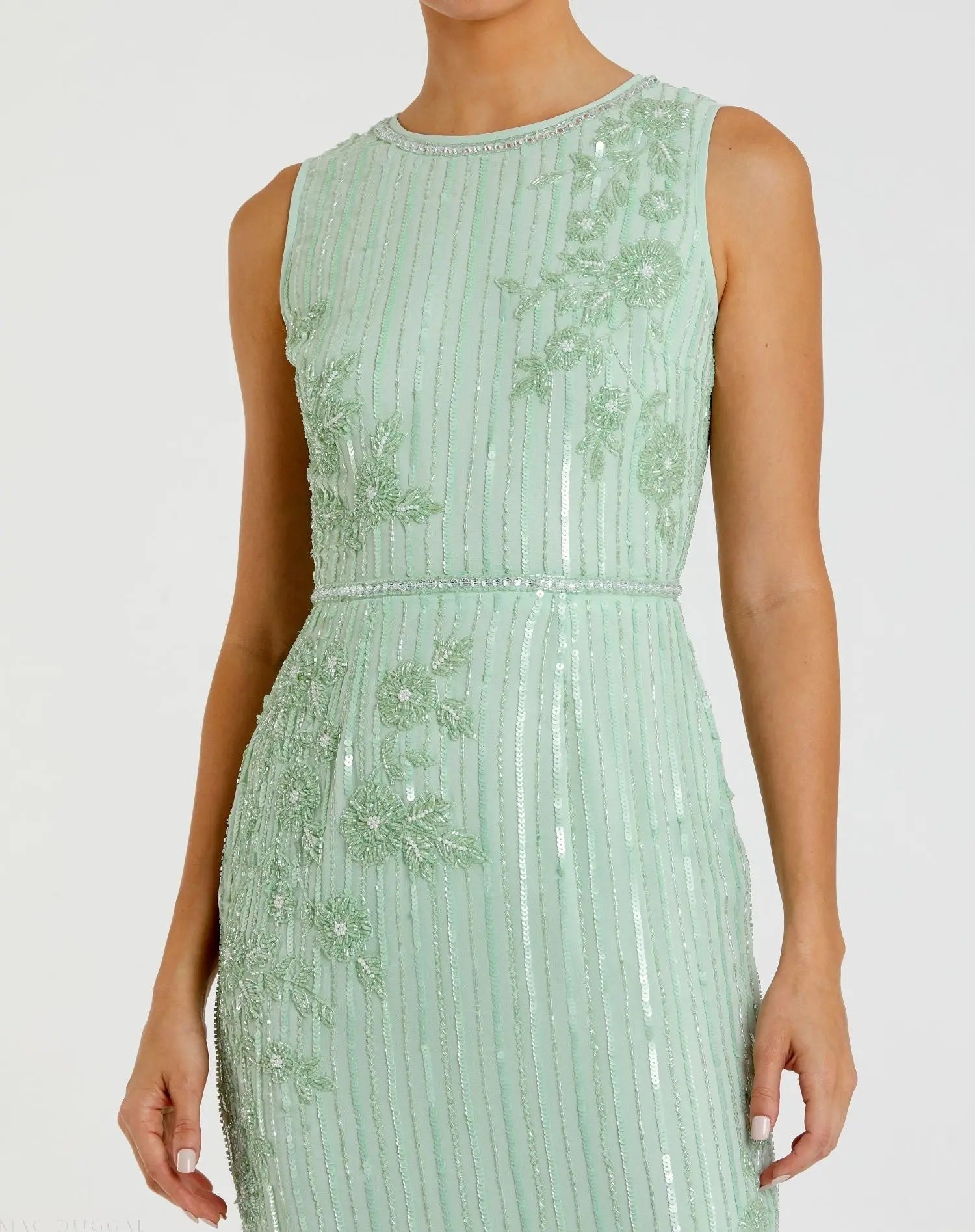 Green Striped Floral Embellished Sleeveless Midi Dress - Mac Duggal Green Striped Floral Embellished Sleeveless Midi Dress - Mac Duggal