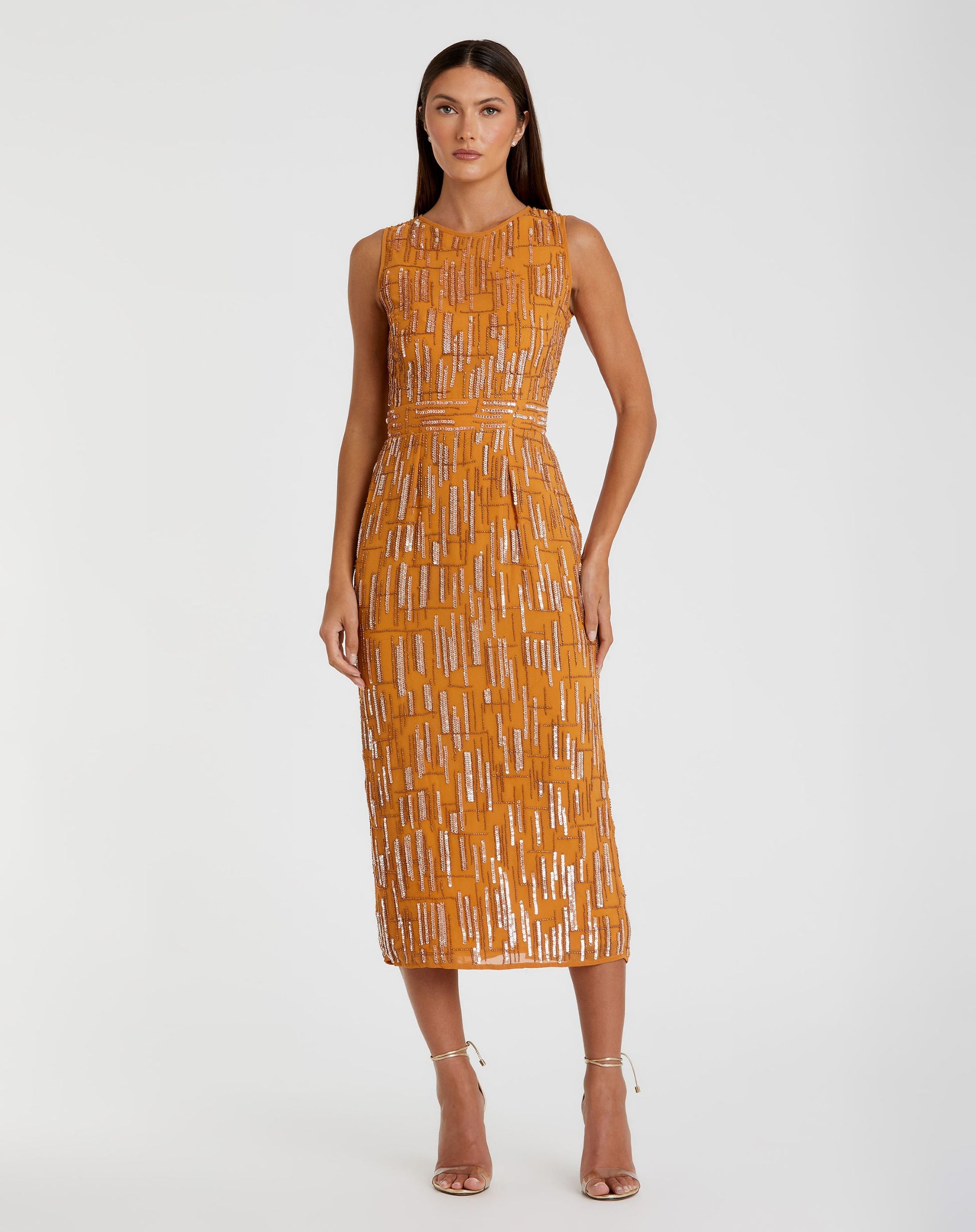 Abstract Beaded Sleeveless Midi Sheath Dress