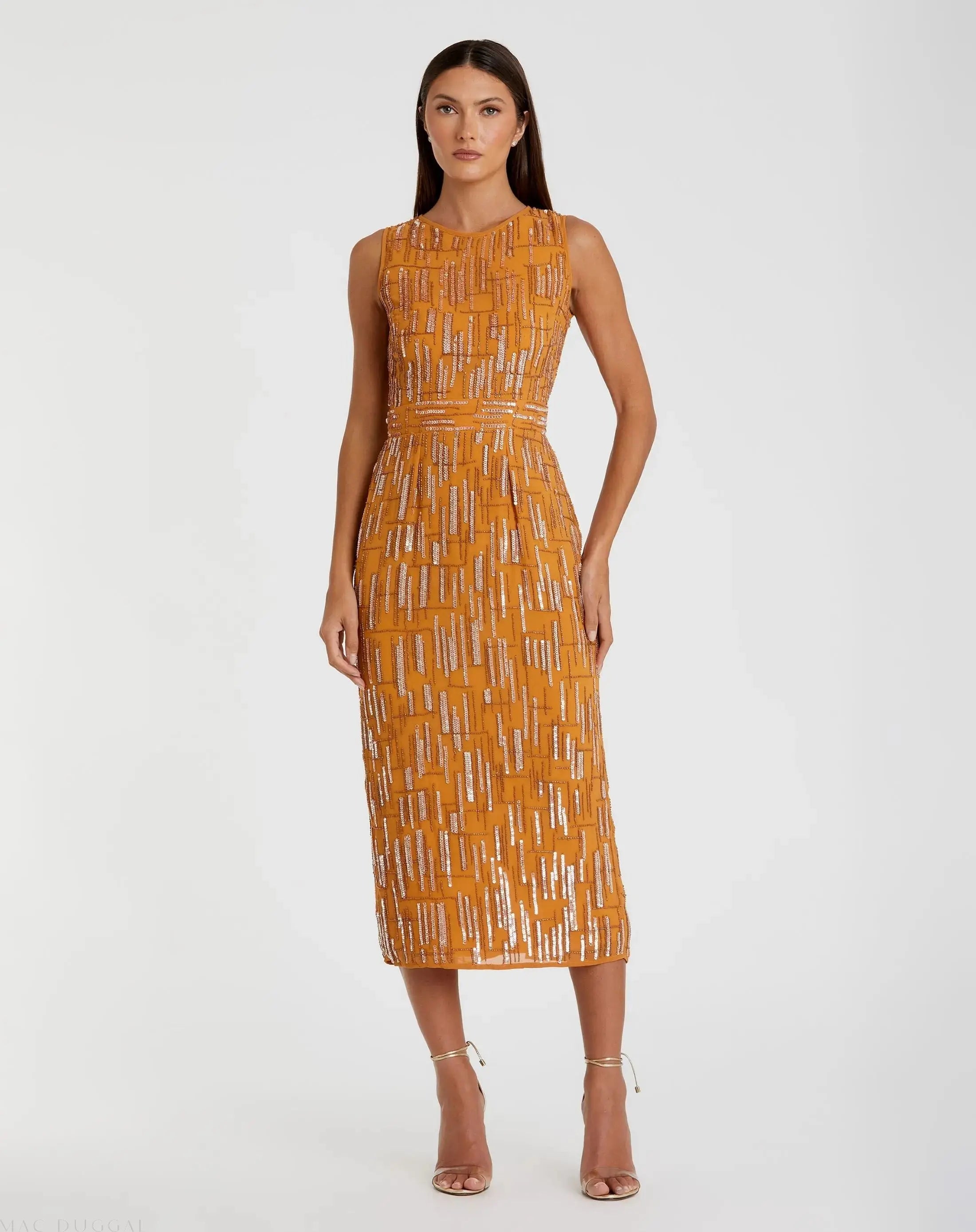 Orange Abstract Beaded Sleeveless Midi Sheath Dress - Mac Duggal