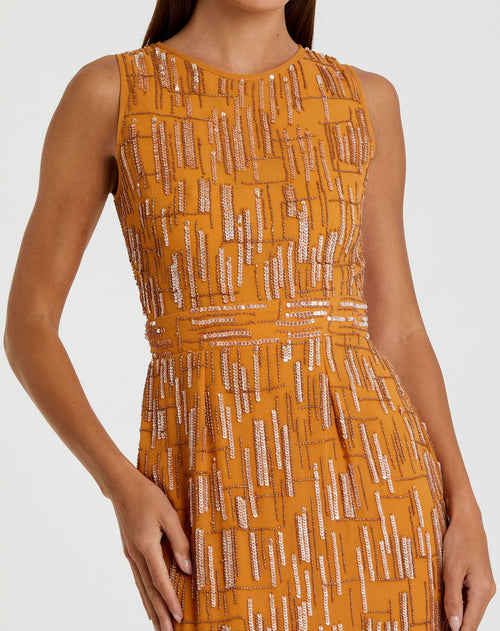 Abstract Beaded Sleeveless Midi Sheath Dress