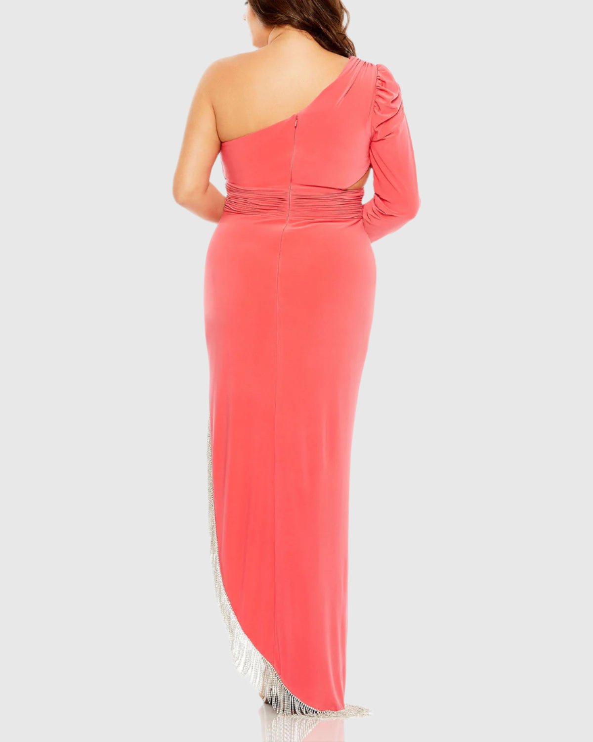 Langärmliges One-Shoulder-Kleid mit Fransenverzierung