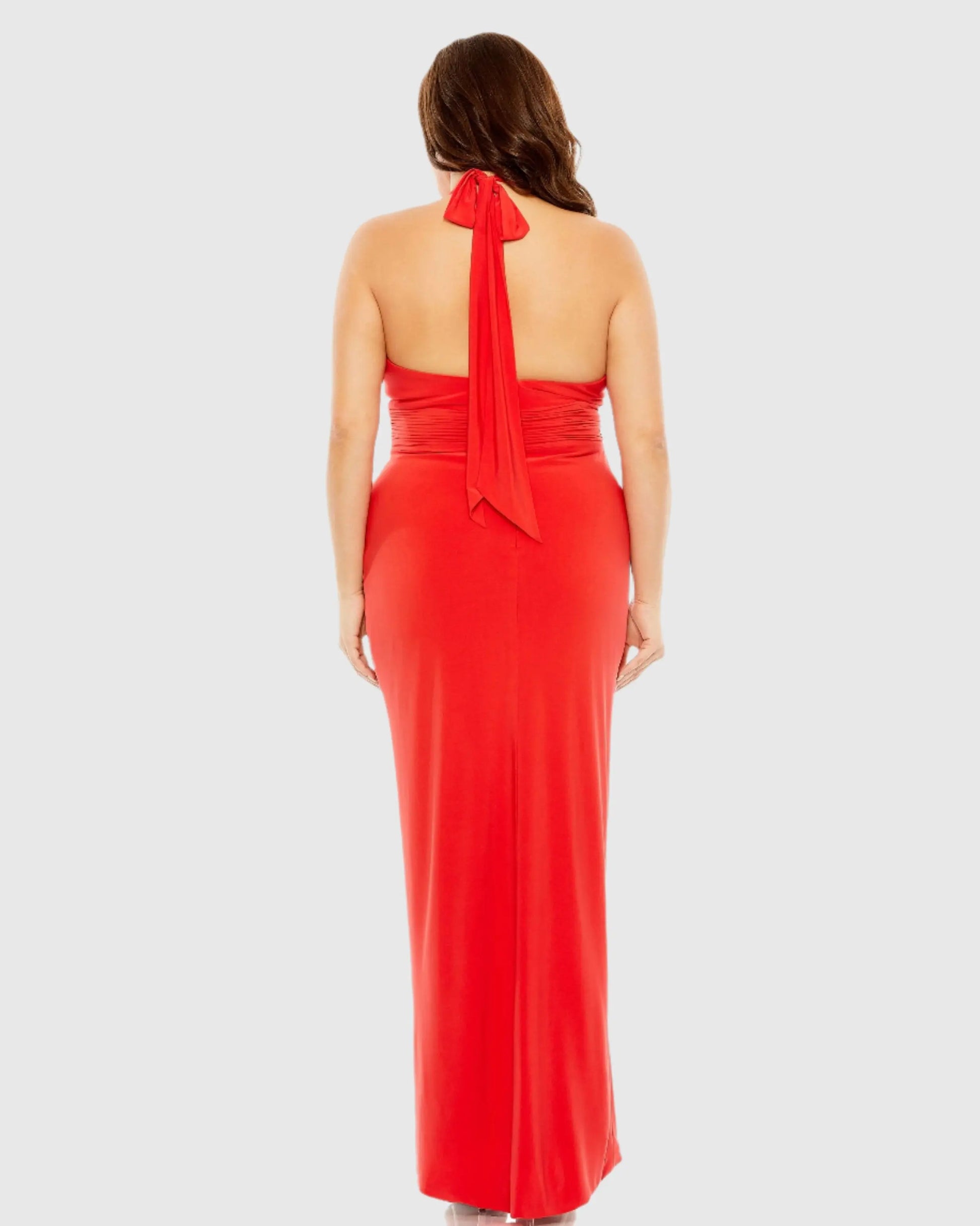 Red Halter Tie Keyhole Detail Gown with Slit (Plus) - FINAL SALE - Mac Duggal