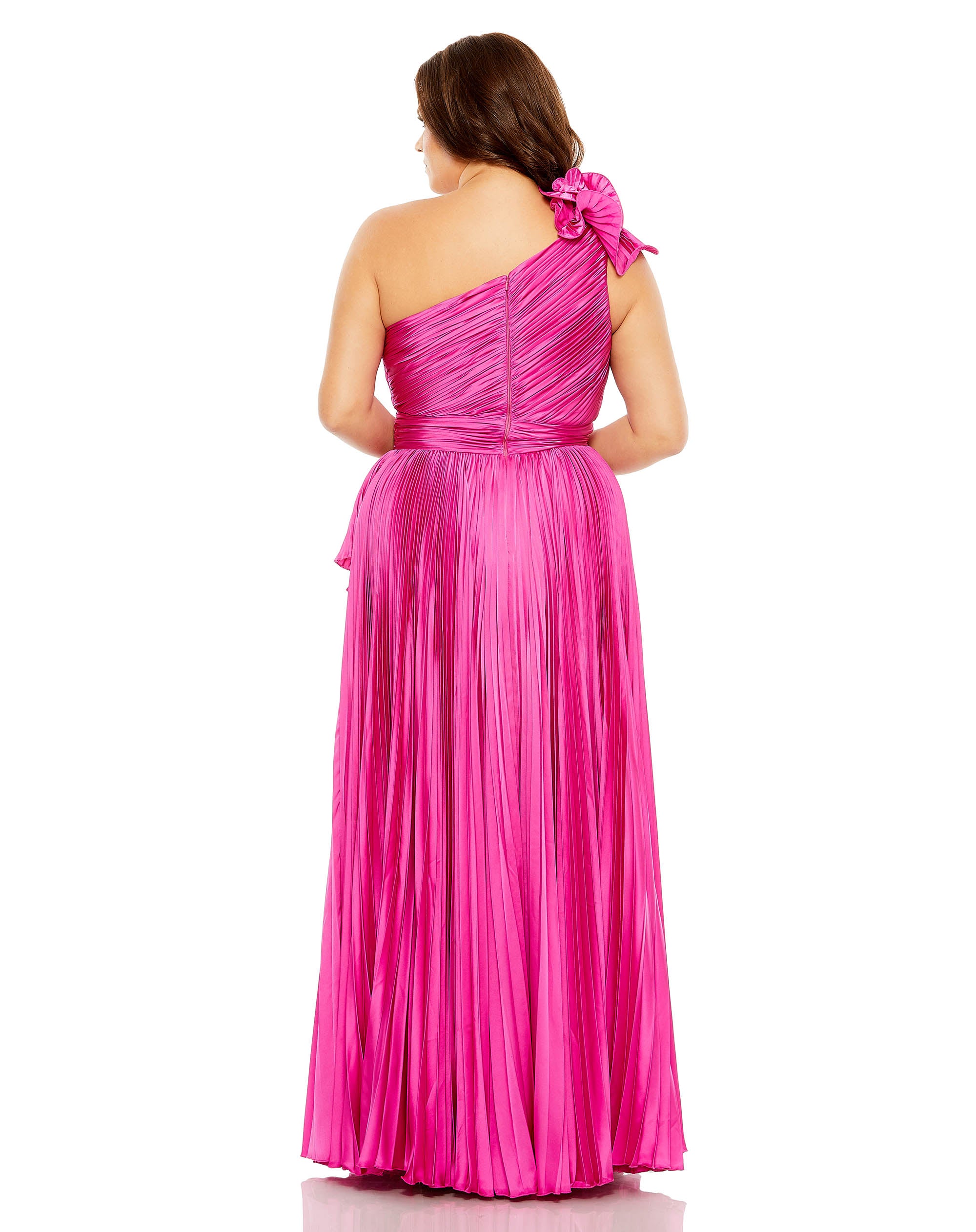 Pleated One Shoulder Rosette Detail Gown (Plus)