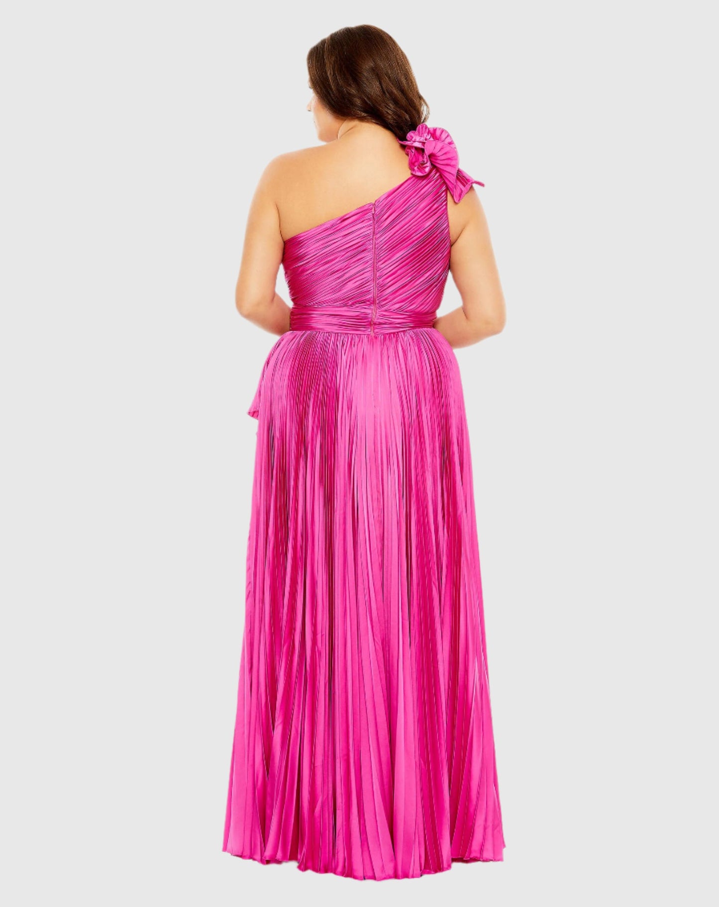 Pleated One Shoulder Rosette Detail Gown (Plus)