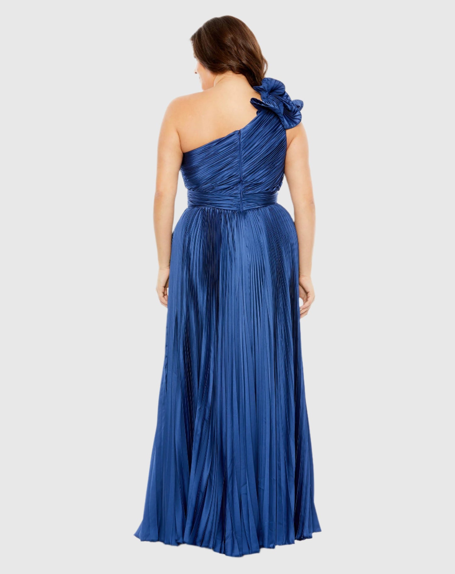 Pleated One Shoulder Rosette Detail Gown (Plus)