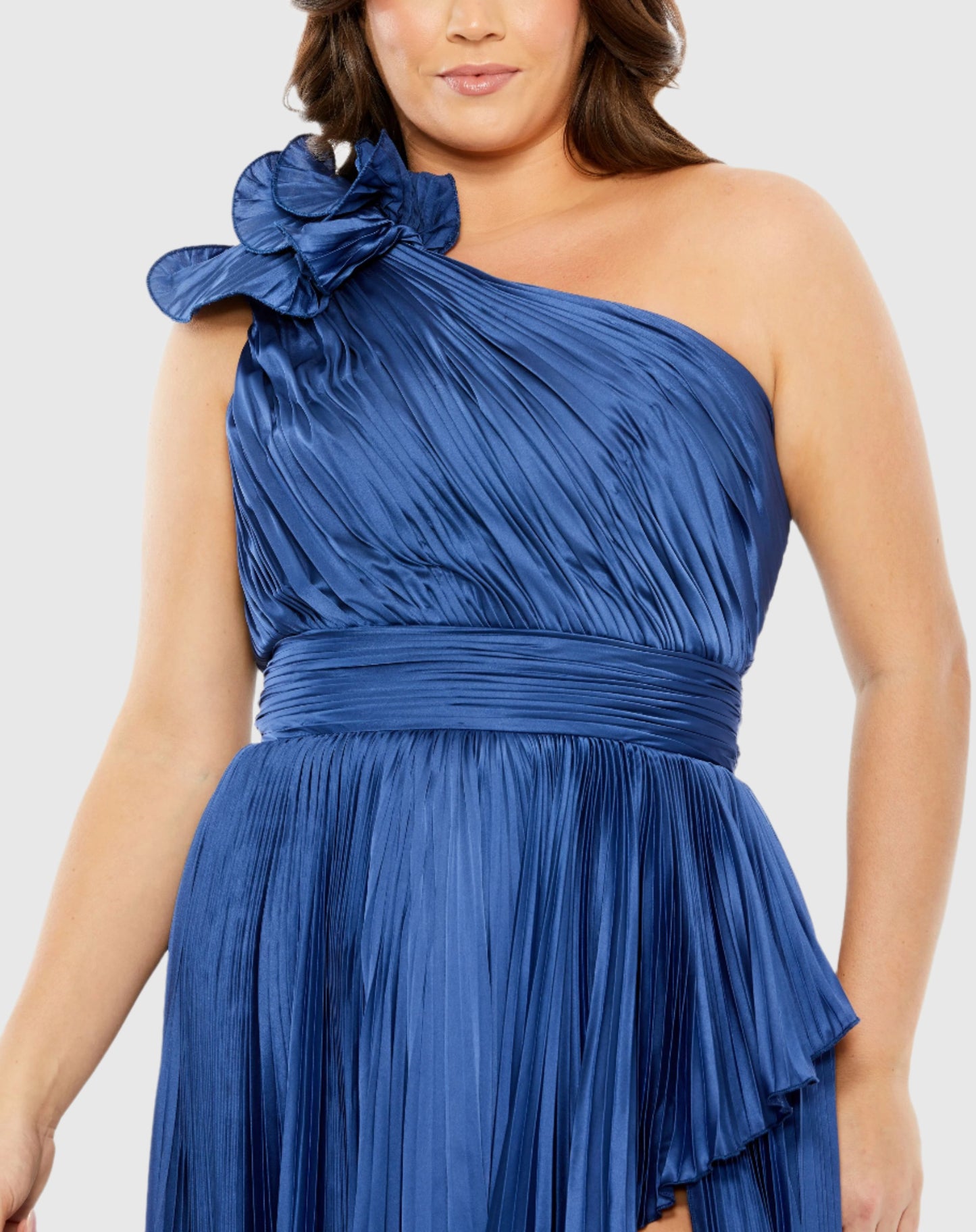 Pleated One Shoulder Rosette Detail Gown (Plus)