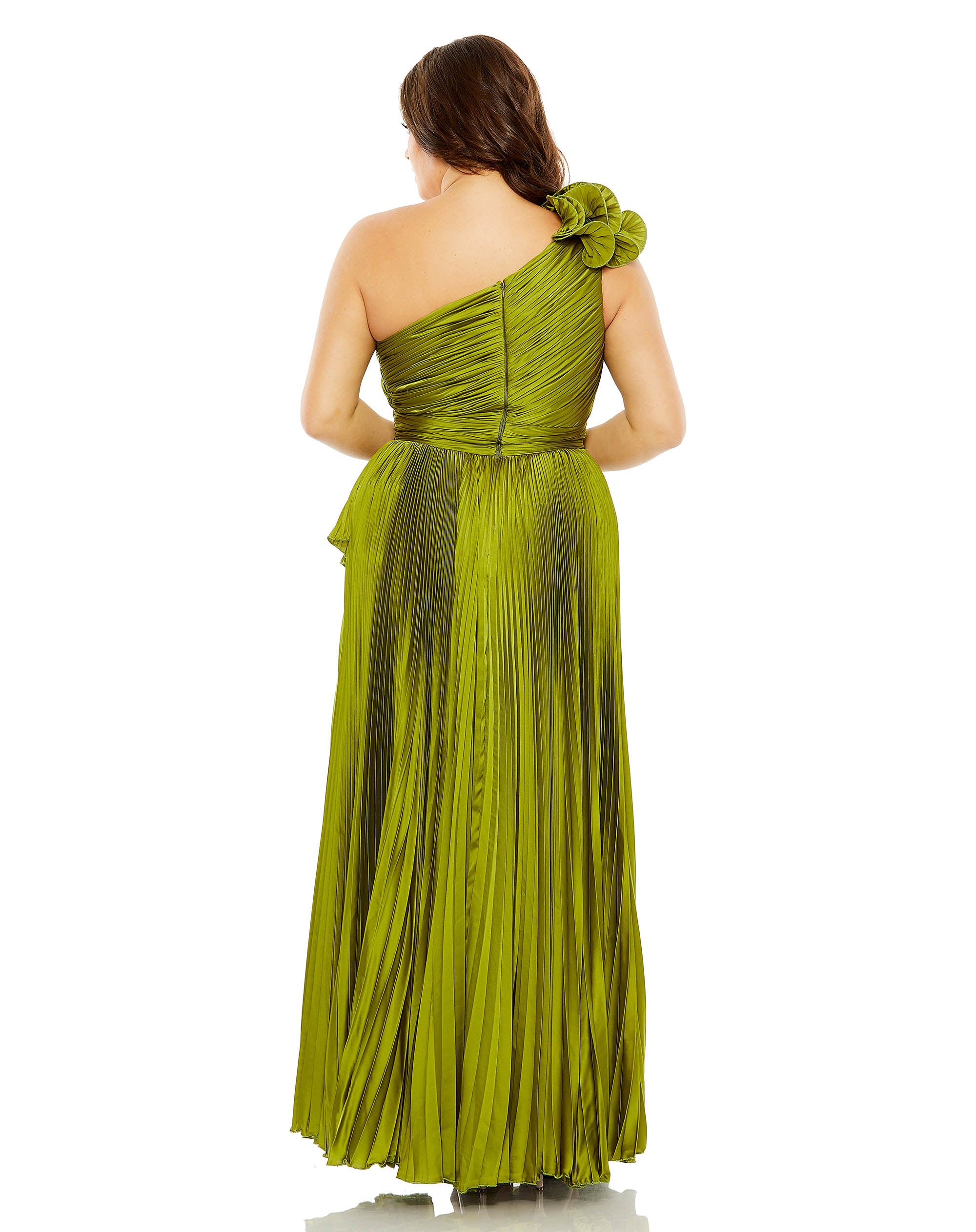 Pleated One Shoulder Rosette Detail Gown (Plus)