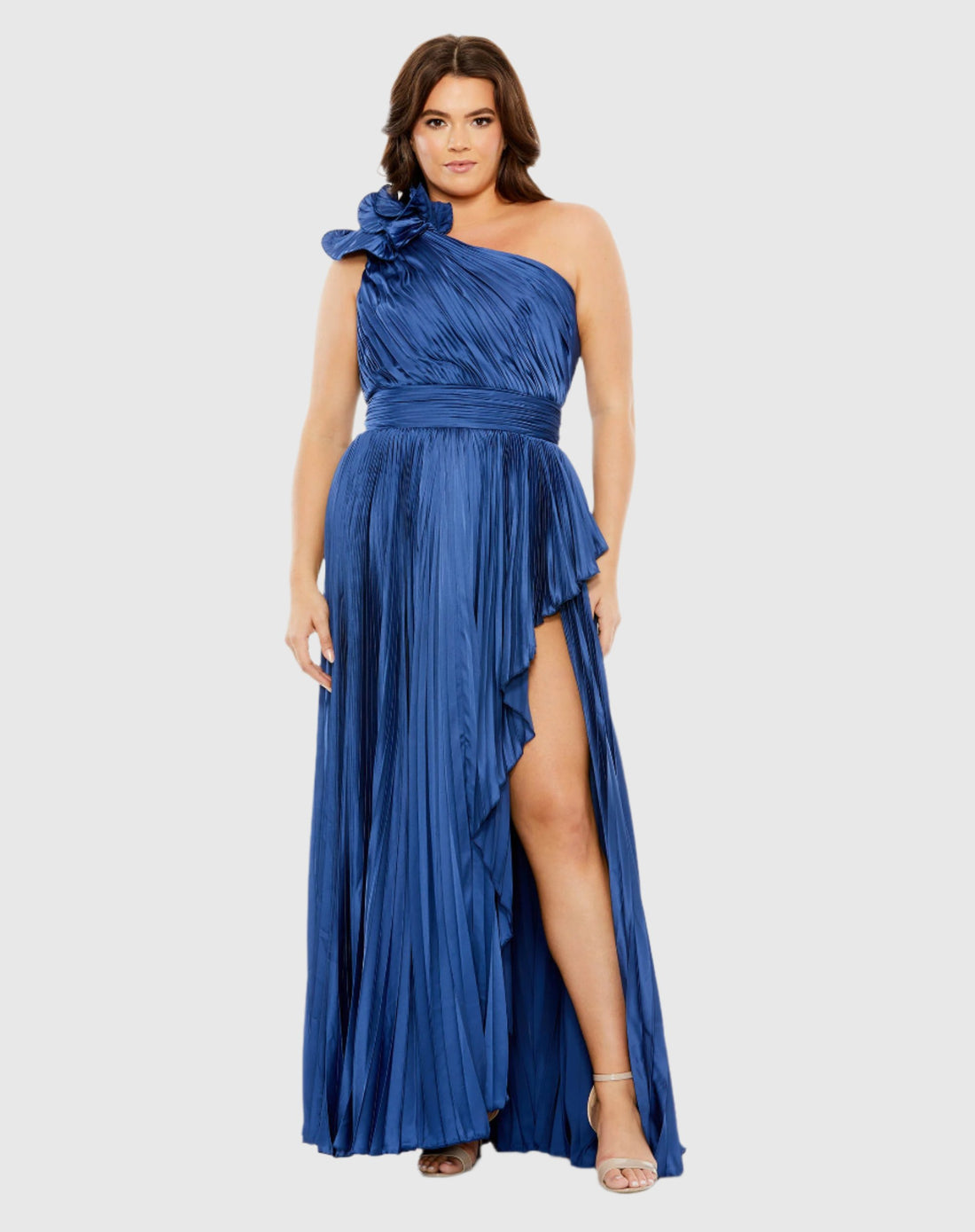 Pleated One Shoulder Rosette Detail Gown (Plus)