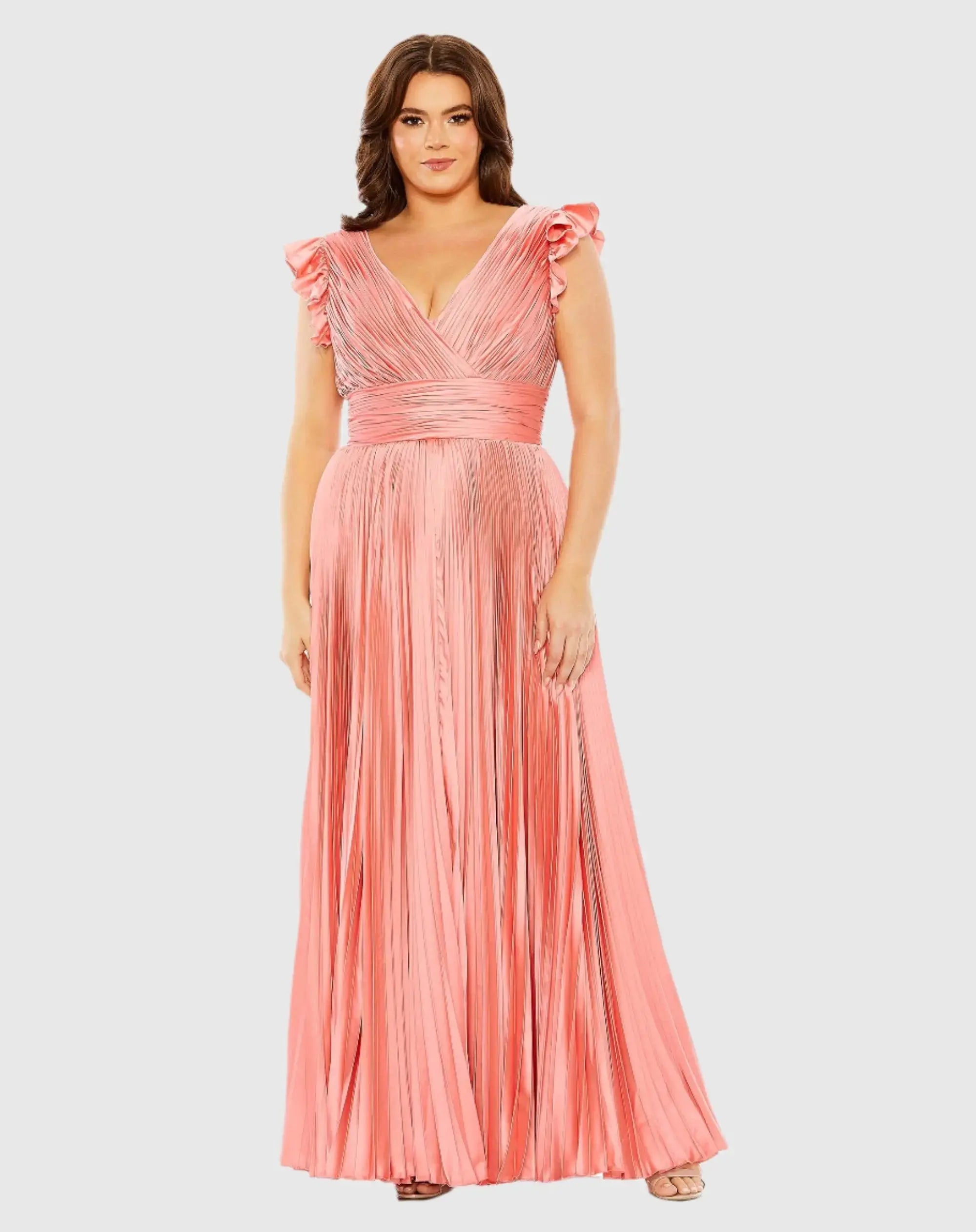 Pink Flutter Sleeve Pleated V-Neck Gown