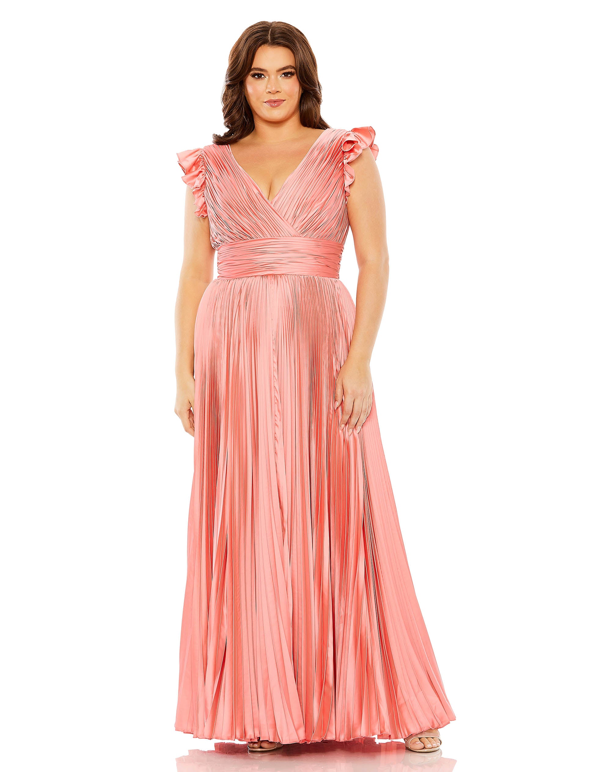 Flutter Sleeve Pleated V-Neck Gown (PLUS)