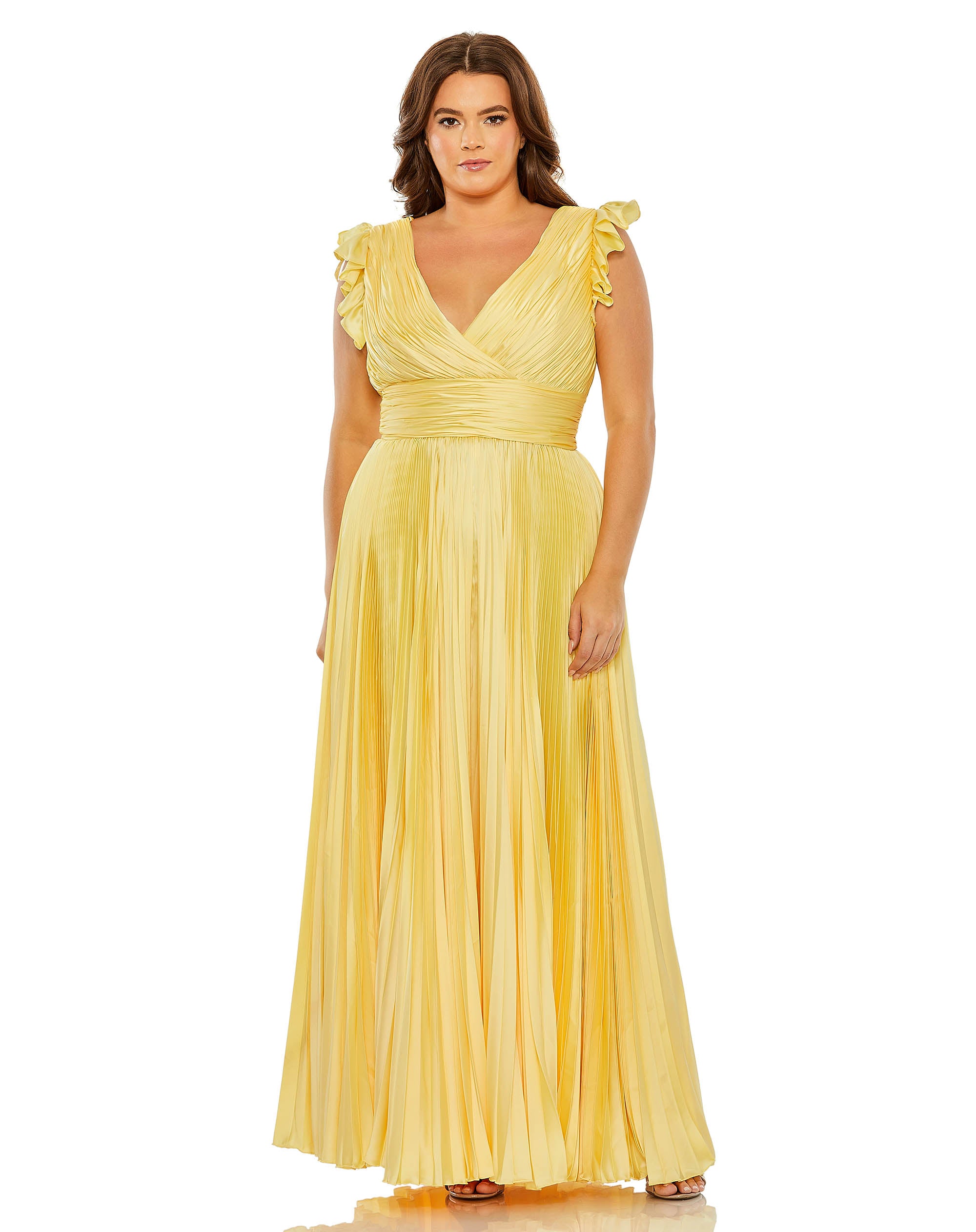 Flutter Sleeve Pleated V-Neck Gown (PLUS)