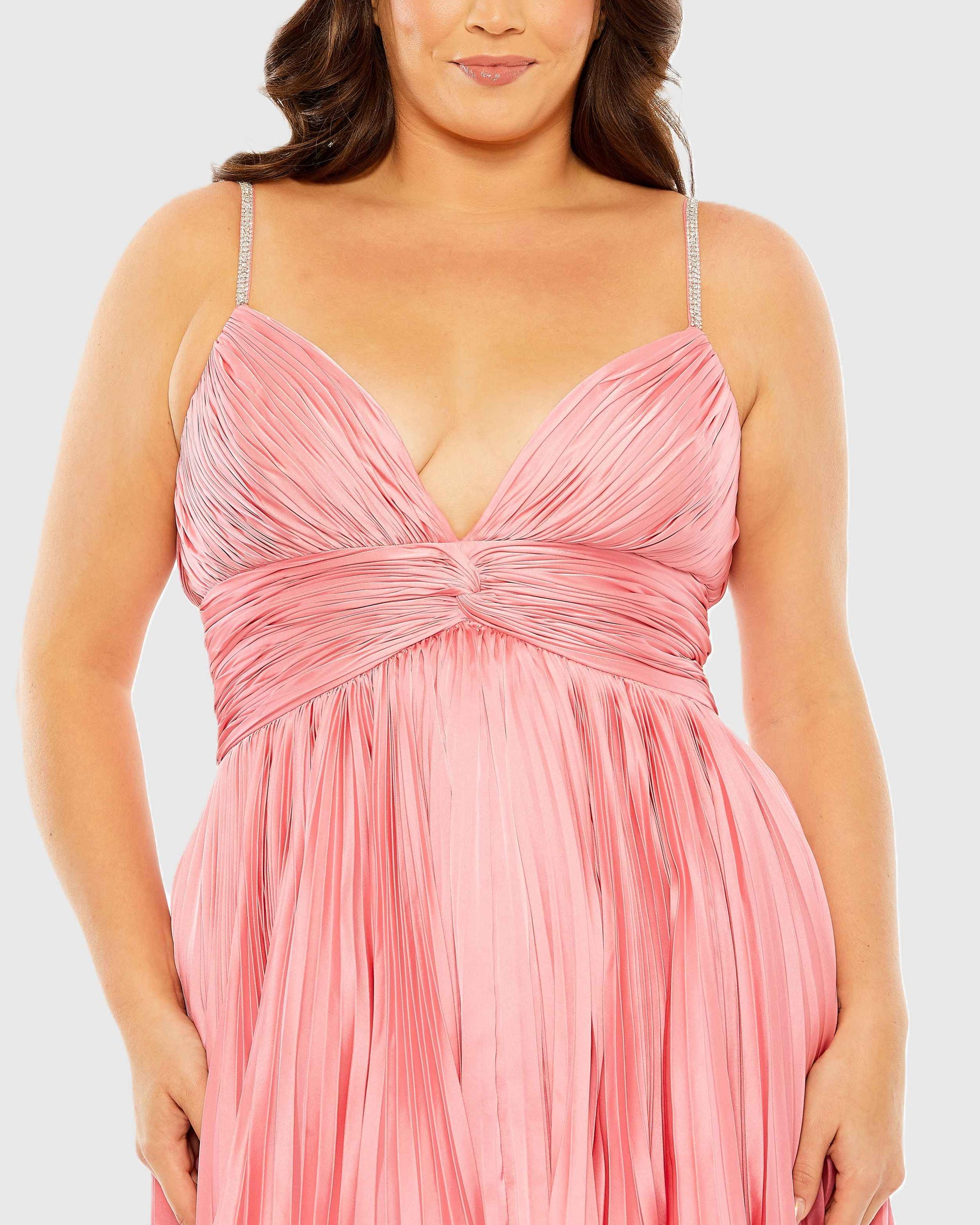 Pink Rhinestone High Low Pleated Gown - Mac Duggal