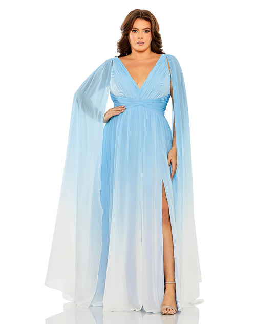 V-Neck Cape Sleeve Ombre Gown