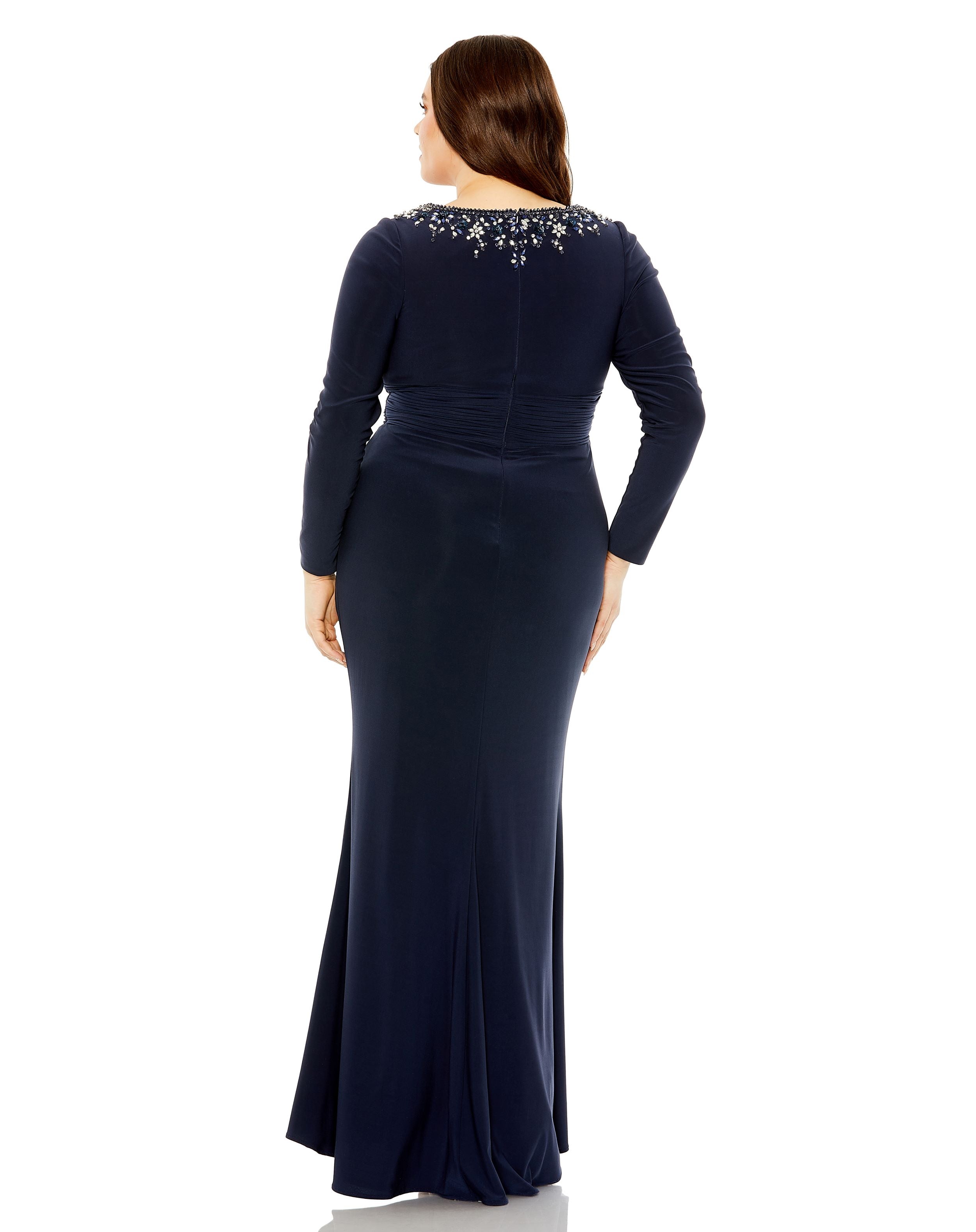 Long Sleeve Embellished Neckline Jersey Gown