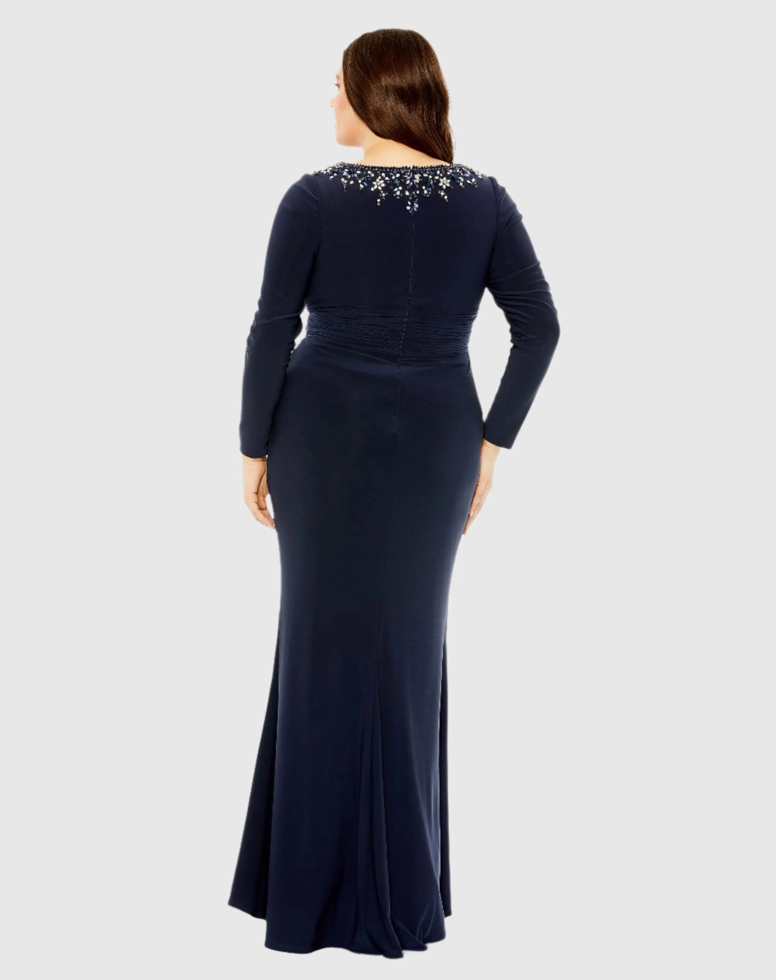 Long Sleeve Embellished Neckline Jersey Gown - Mac Duggal