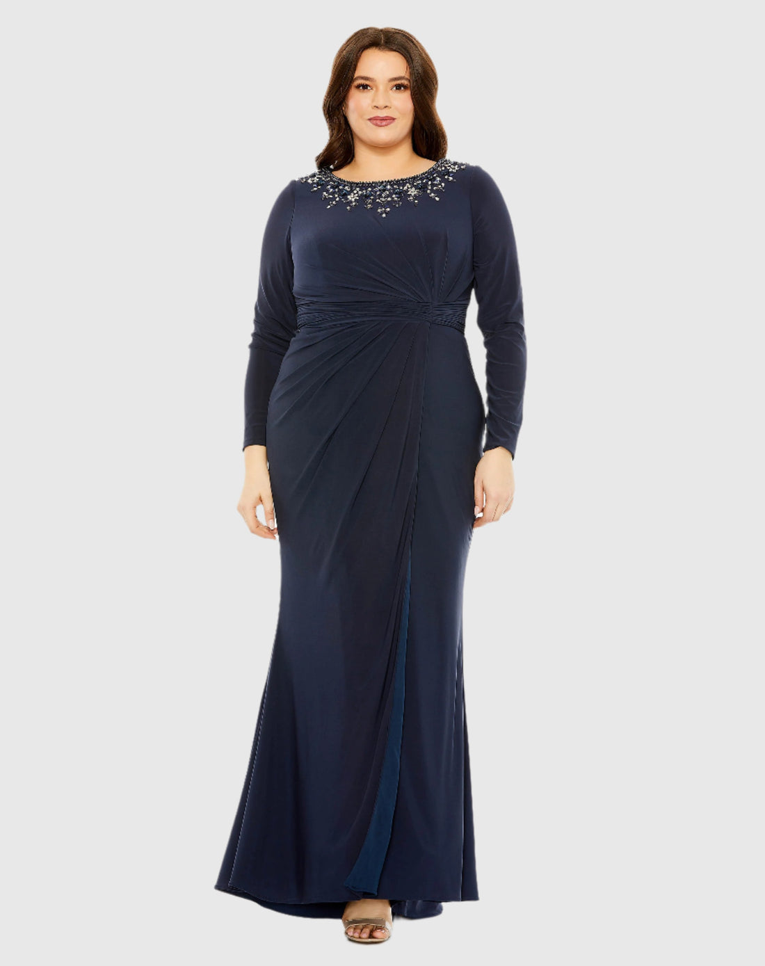 Long Sleeve Embellished Neckline Jersey Gown