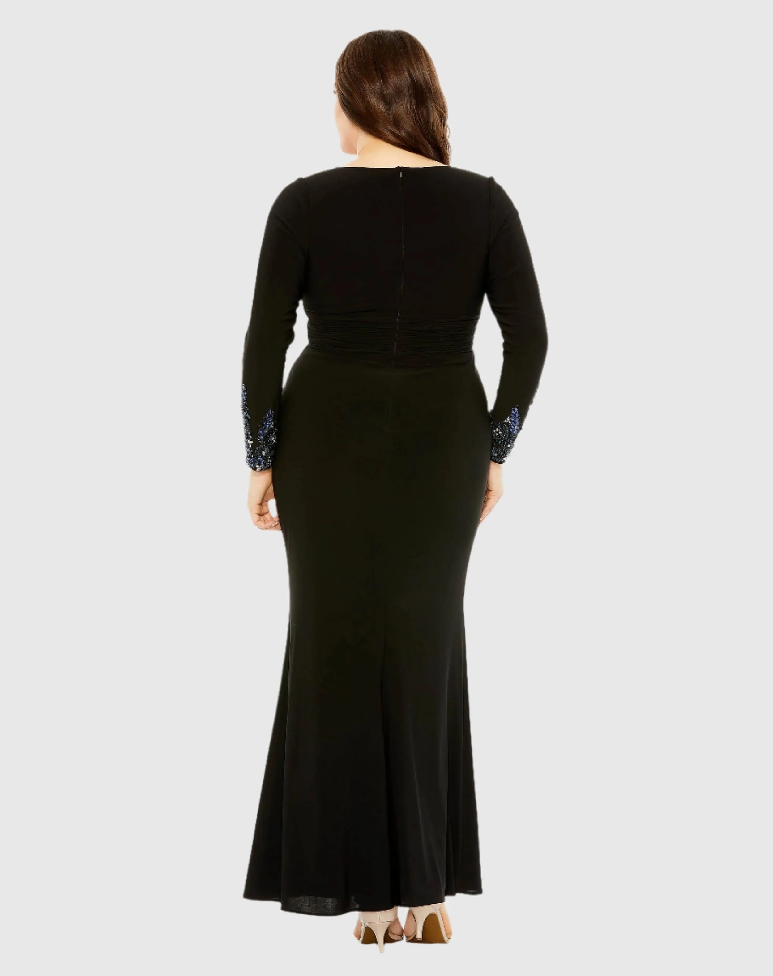 Black Long Crystal Detail Sleeve V Neck Gown - Mac Duggal