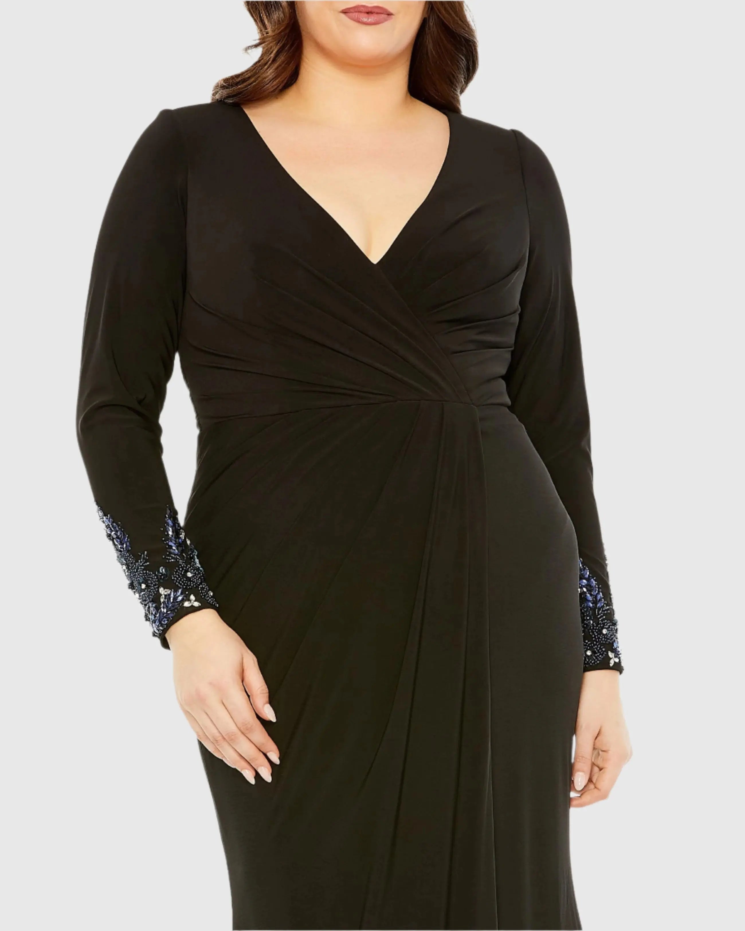 Black Long Crystal Detail Sleeve V Neck Gown - Mac Duggal