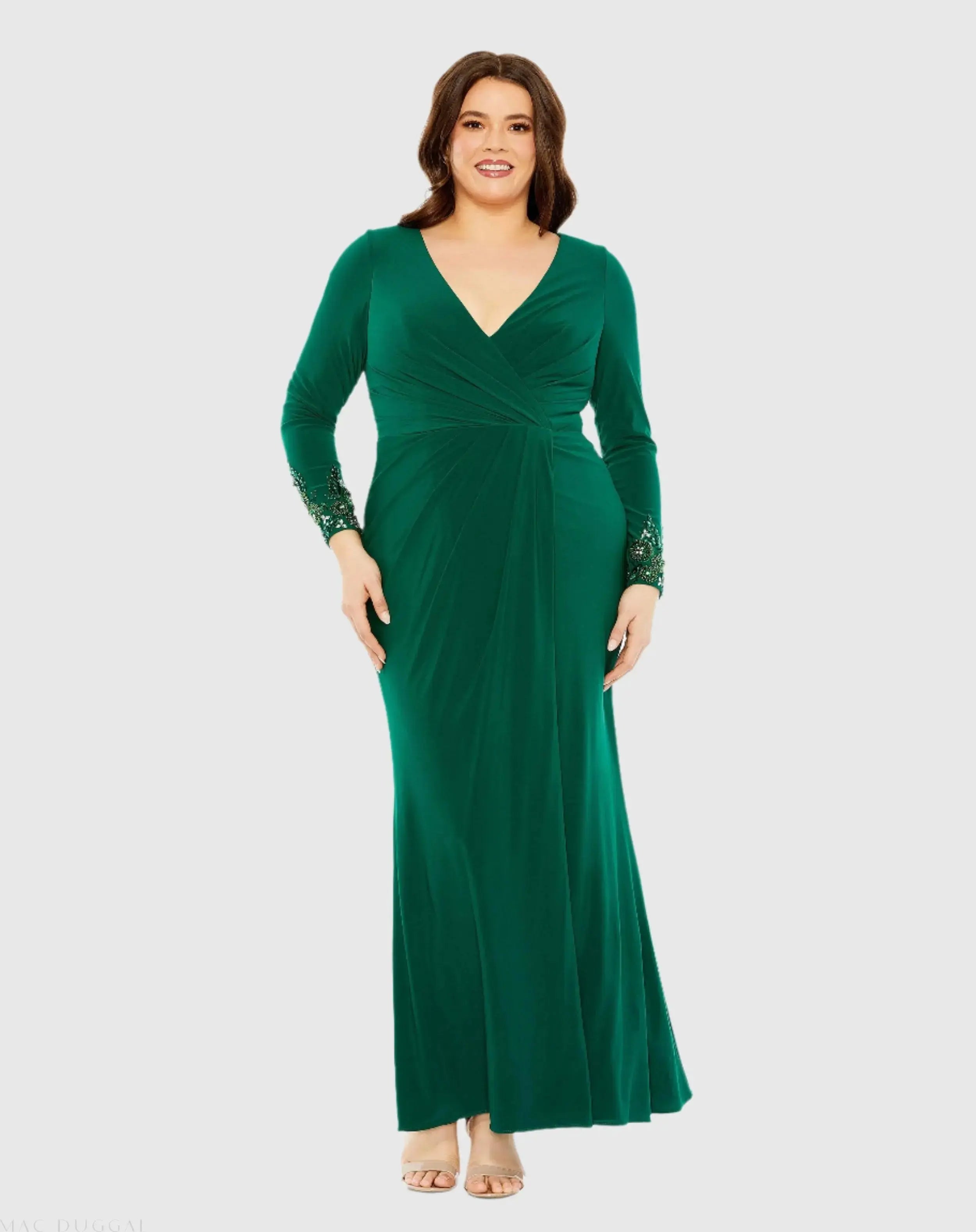 Green Long Crystal Detail Sleeve V Neck Gown - Mac Duggal