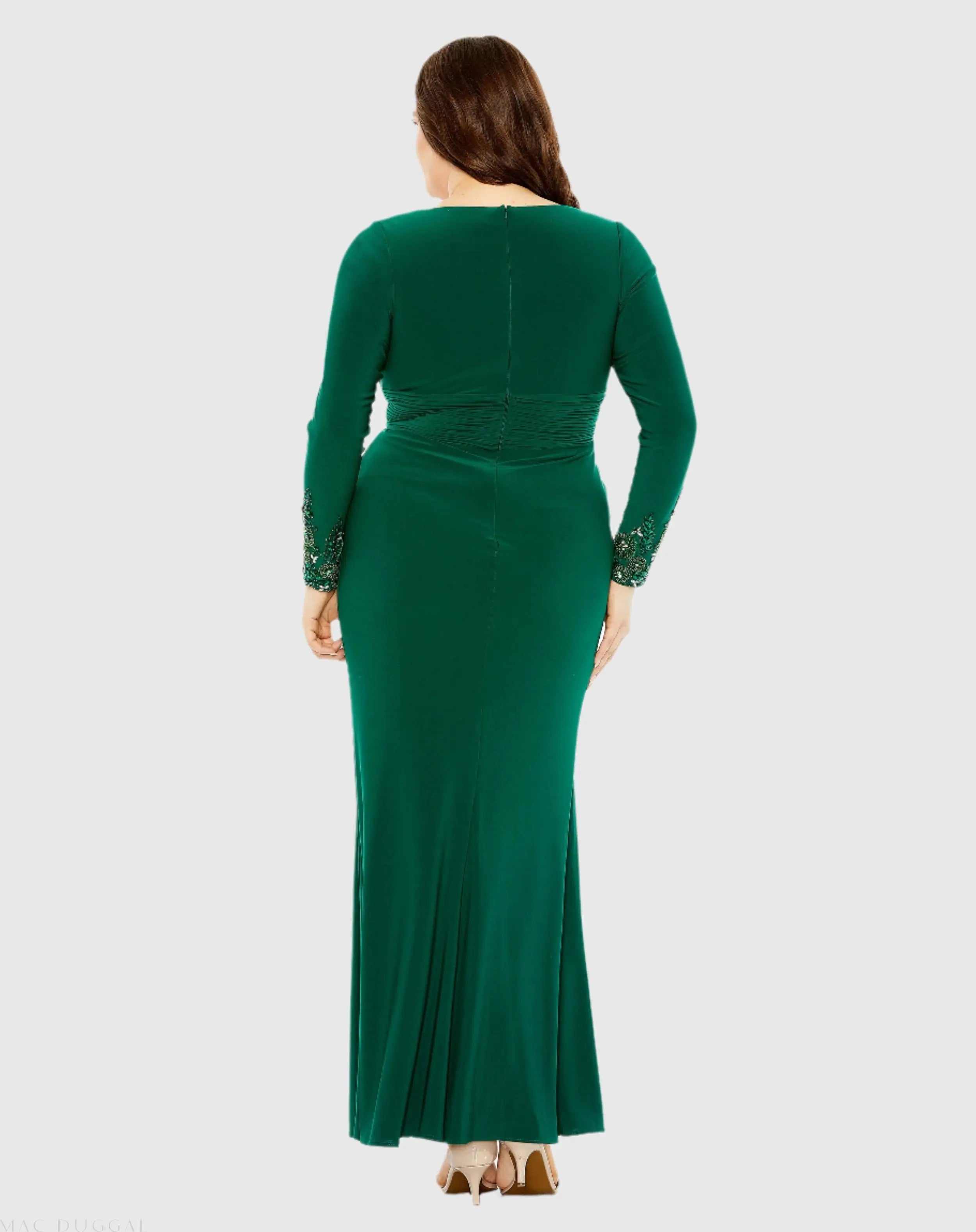 Green Long Crystal Detail Sleeve V Neck Gown - Mac Duggal