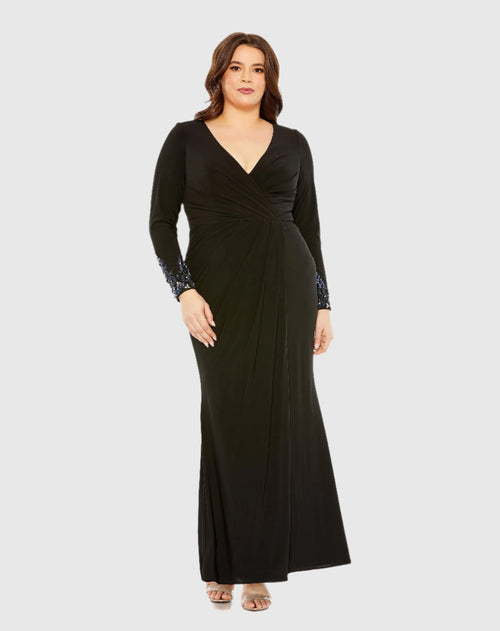 Long Crystal Detail Sleeve V Neck Gown