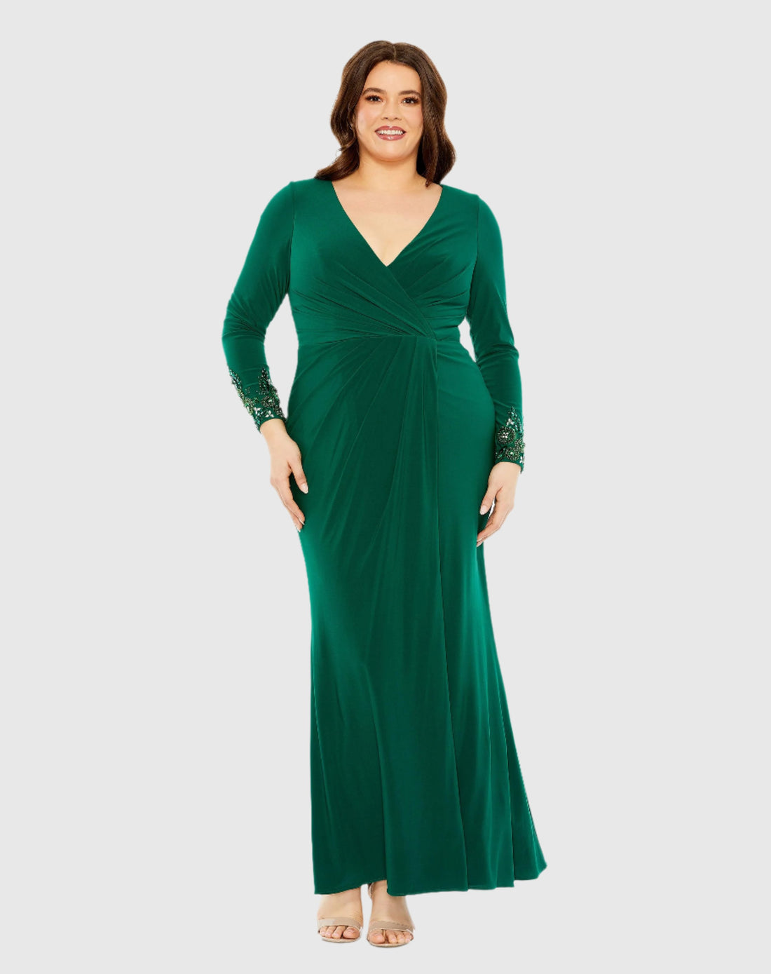 Long Crystal Detail Sleeve V Neck Gown