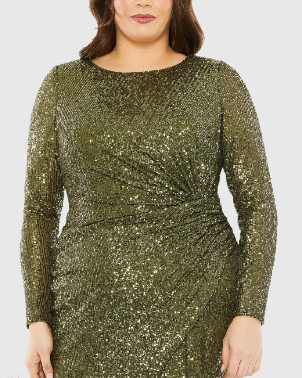 Green Long Sleeve Sequin Gathered Waist Dress - Mac Duggal