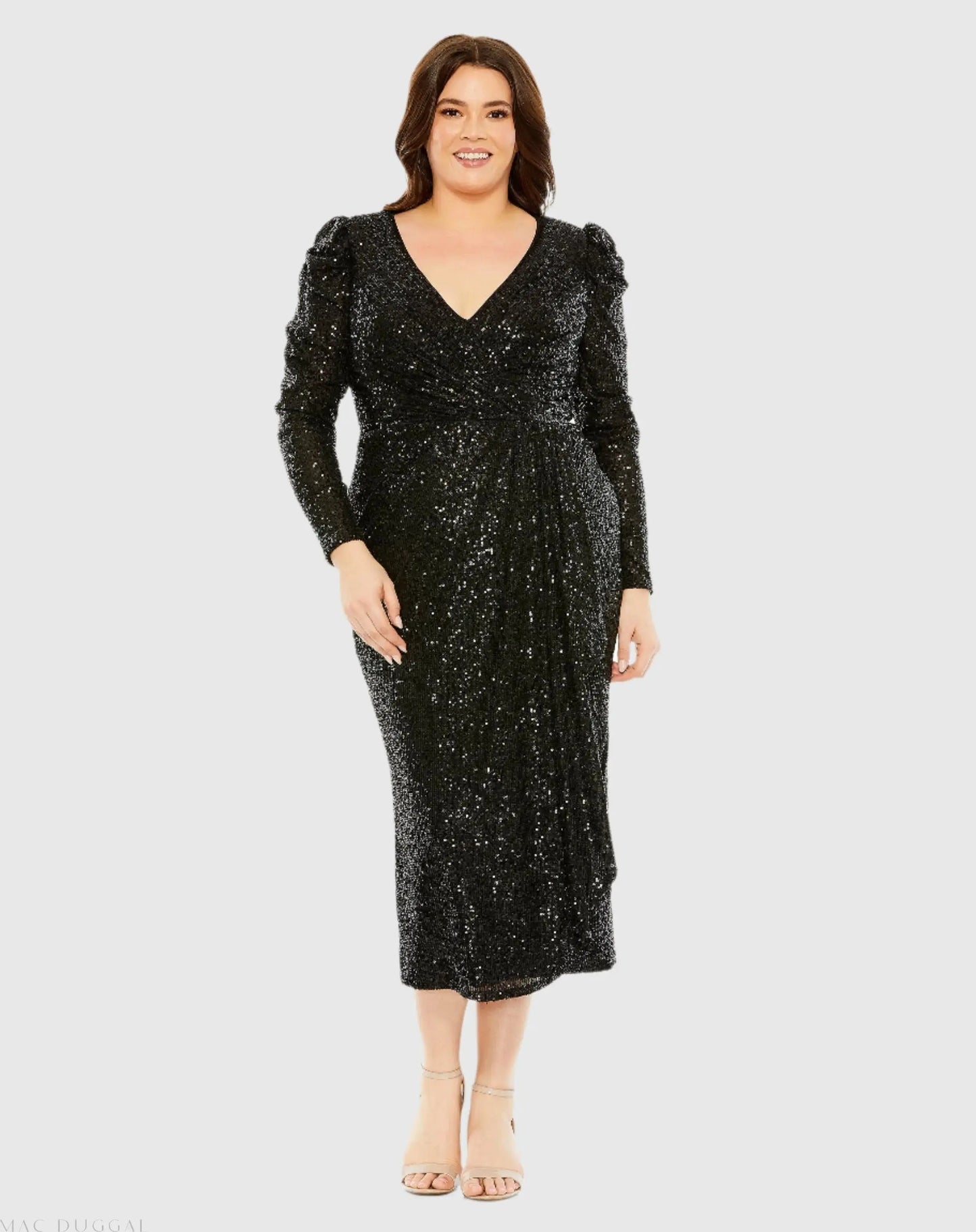 Black Princess Long Sleeve V Neck Sequin Dress - Mac Duggal