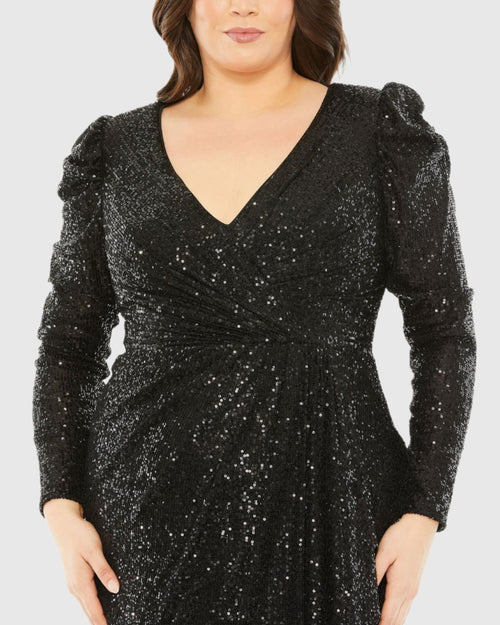 Black Princess Long Sleeve V Neck Sequin Dress