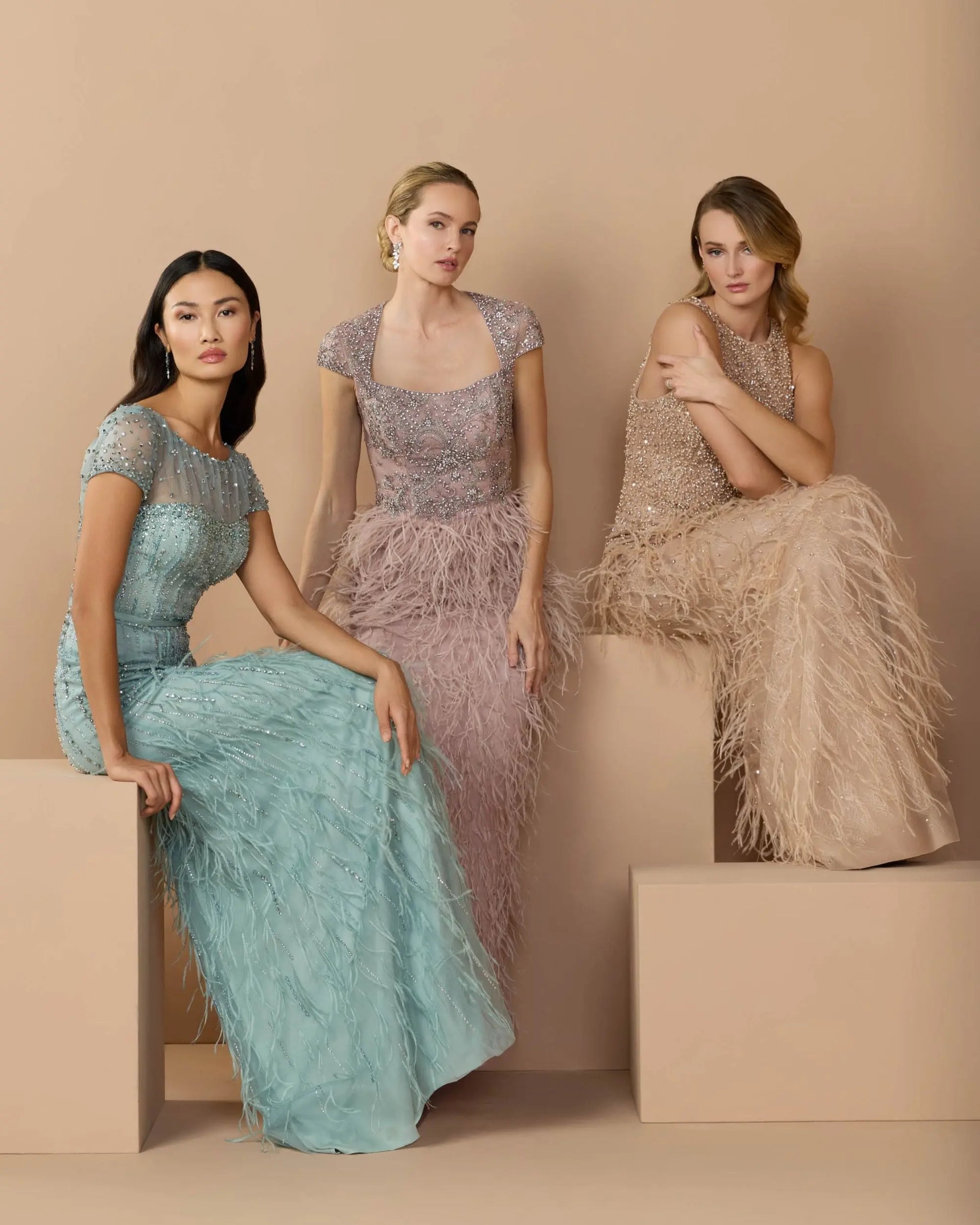 Blue Rhinestone Embellished Illusion Neck Feather Gown Mac Duggal