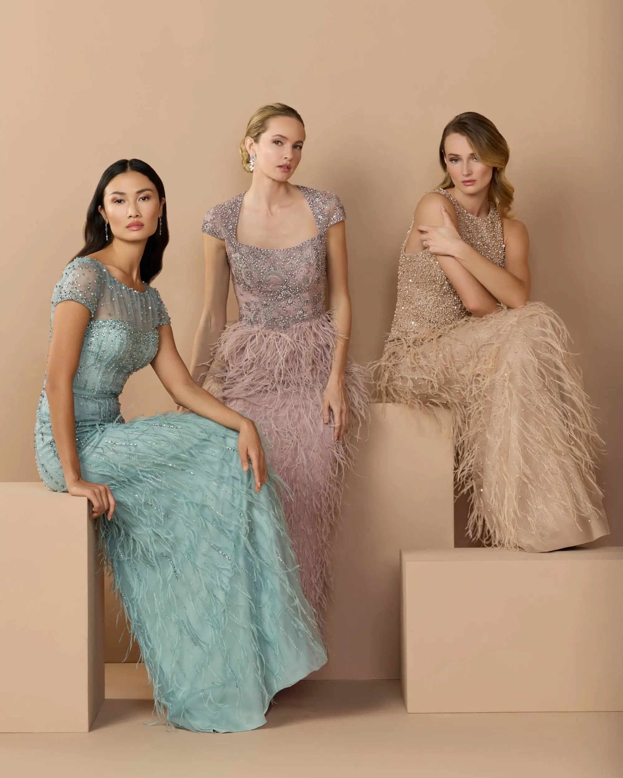 Blue Rhinestone Embellished Illusion Neck Feather Gown Mac Duggal