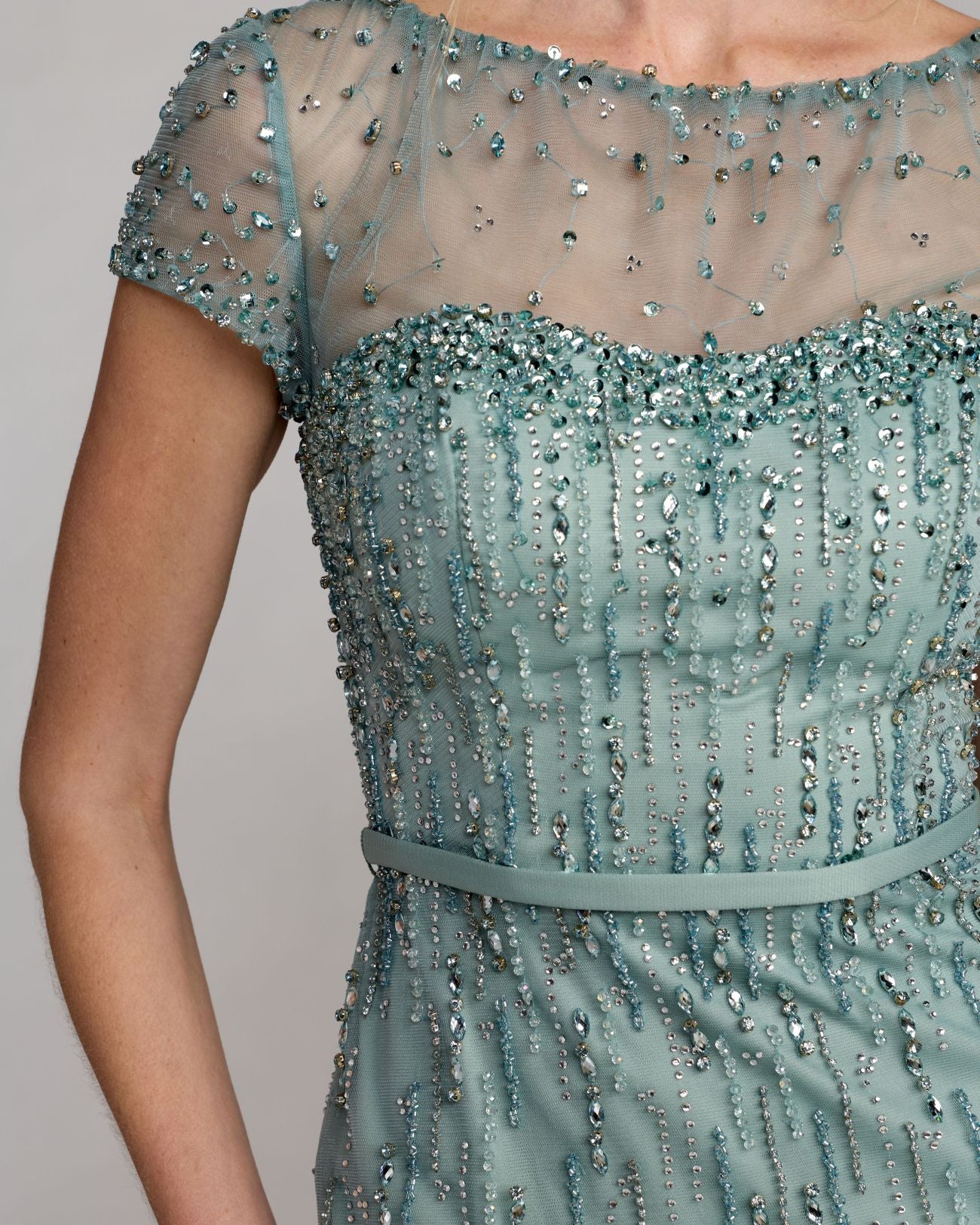 Blue Embellished Short Sleeve Feather Gown Mac Duggal