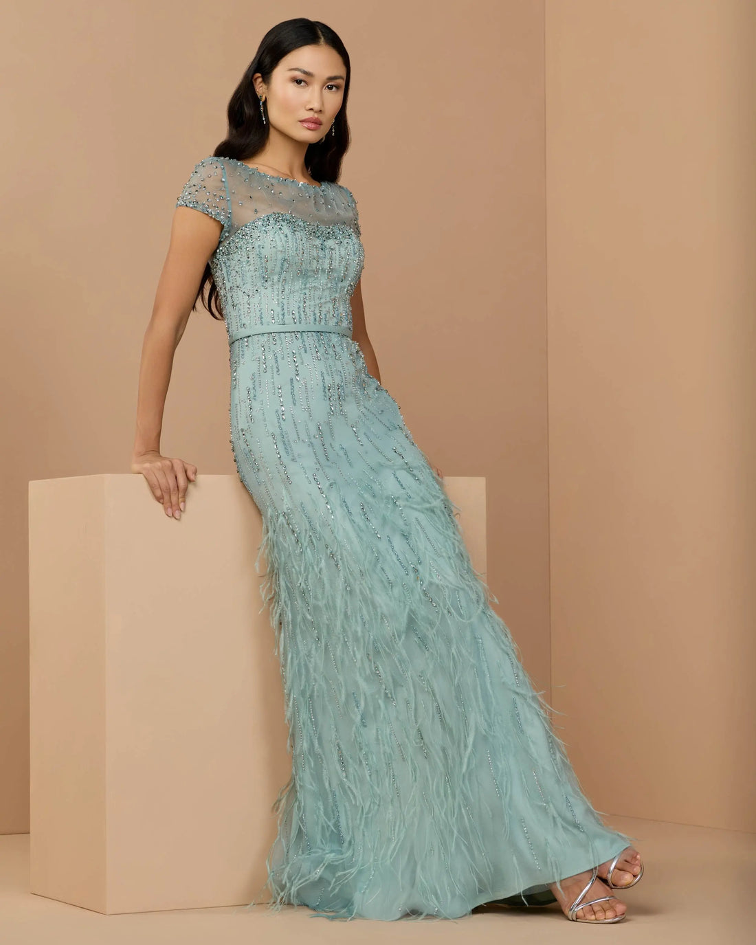 Blue Rhinestone Embellished Illusion Neck Feather Gown Mac Duggal