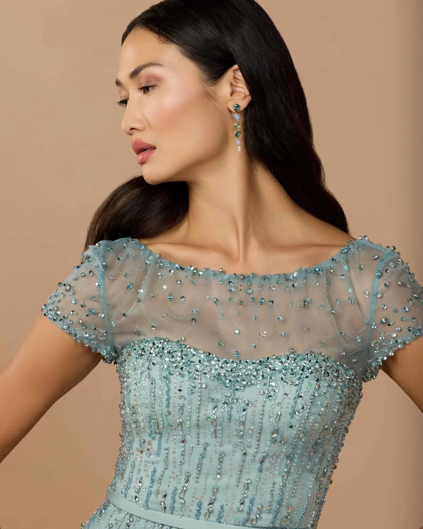 Blue Rhinestone Embellished Illusion Neck Feather Gown Mac Duggal