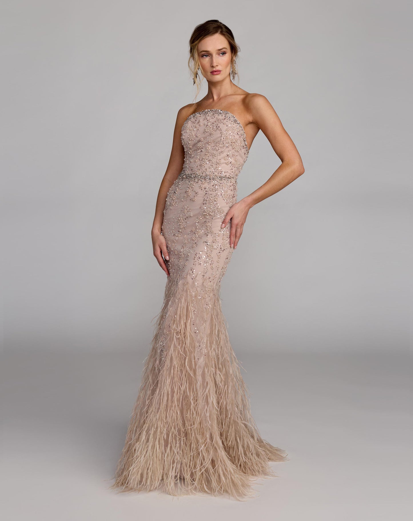 Beige Strapless Embellished Trumpet Gown With Feathered Hem - Mac Duggal