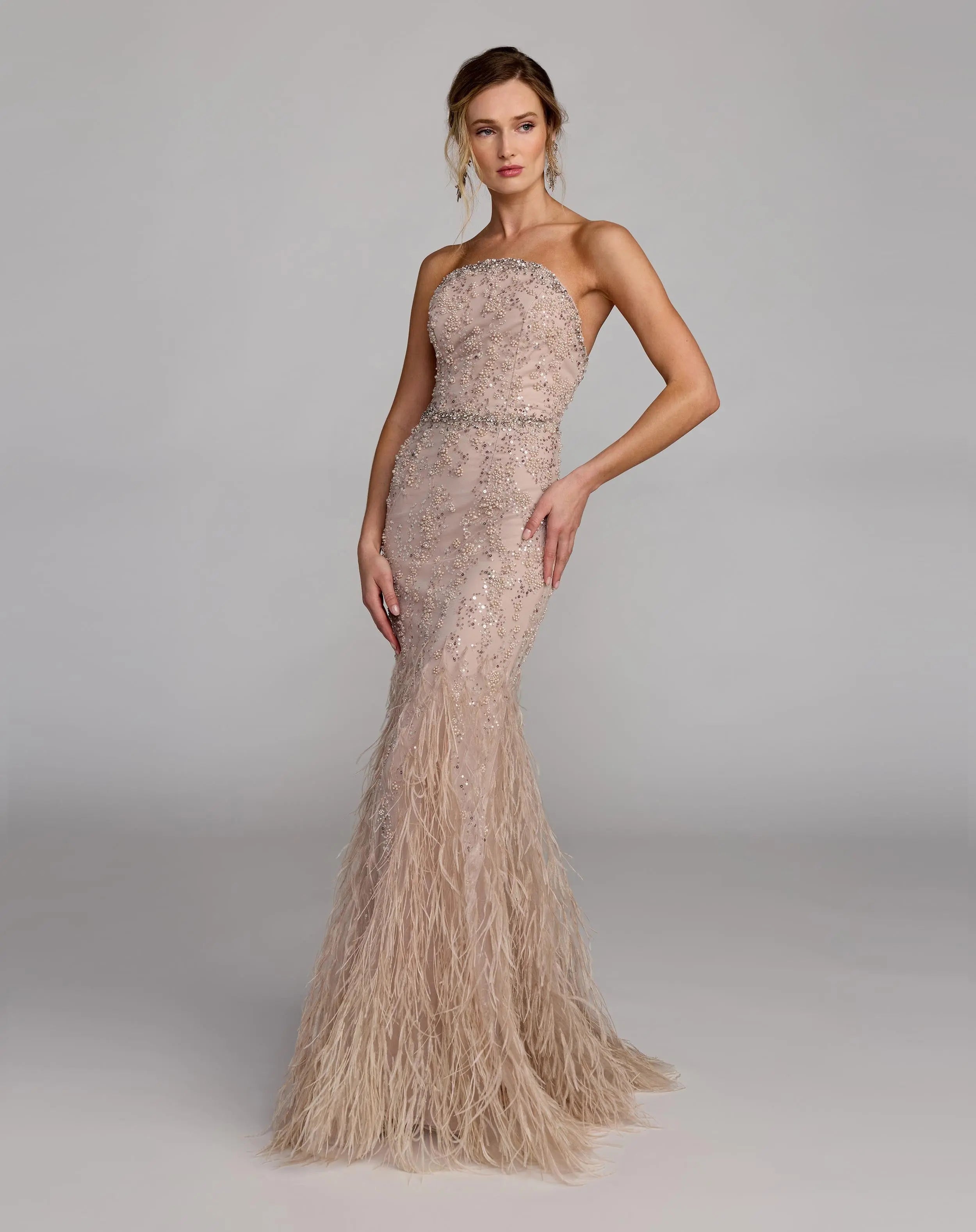 Beige Strapless Embellished Trumpet Gown With Feathered Hem - Mac Duggal