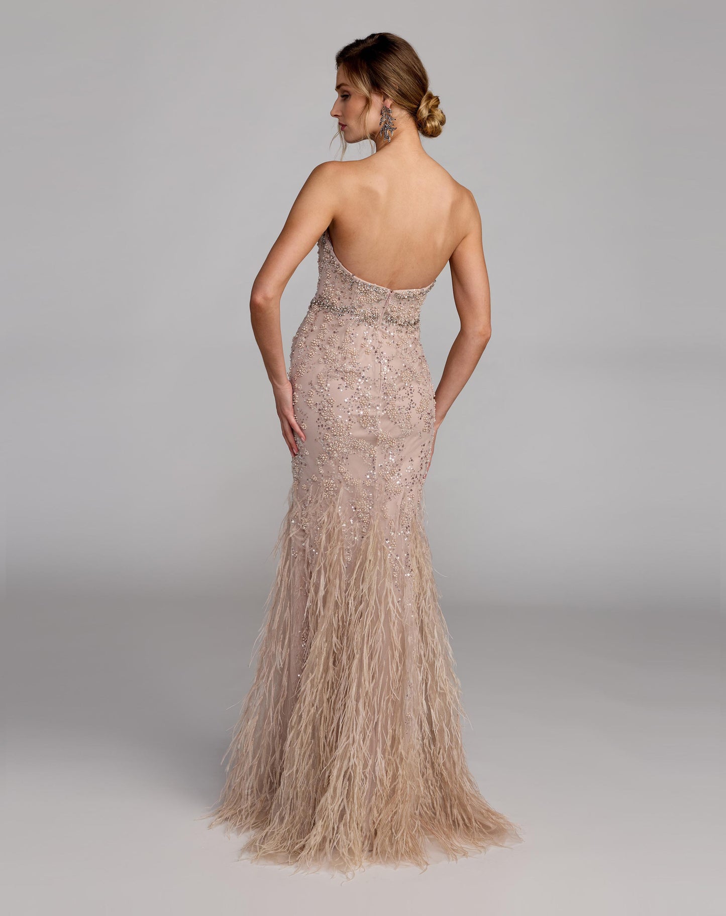 Beige Strapless Embellished Trumpet Gown With Feathered Hem - Mac Duggal