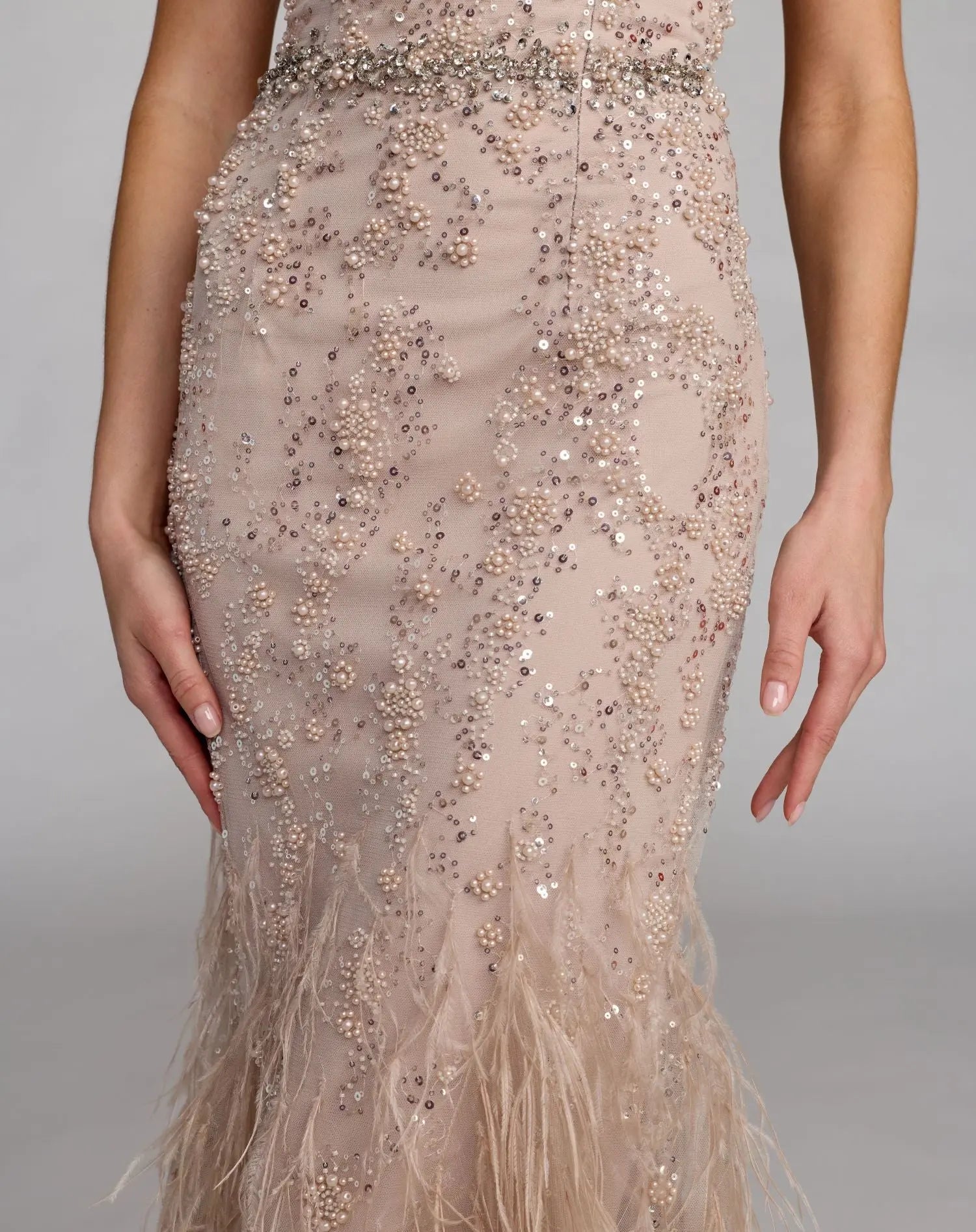 Beige Strapless Embellished Trumpet Gown With Feathered Hem - Mac Duggal