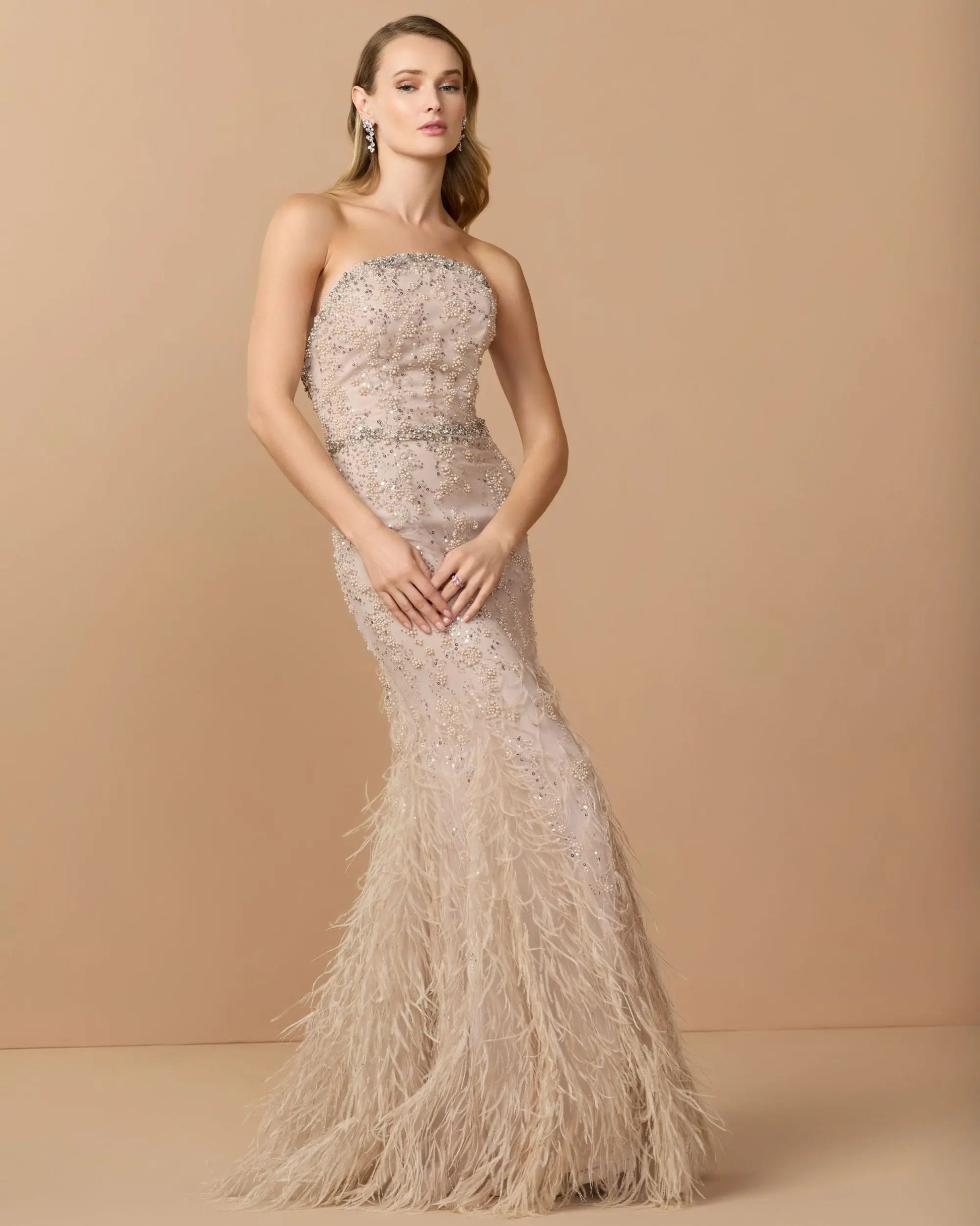 Beige Strapless Embellished Trumpet Gown With Feather Hem Beige Strapless Embellished Trumpet Gown With Feather Hem